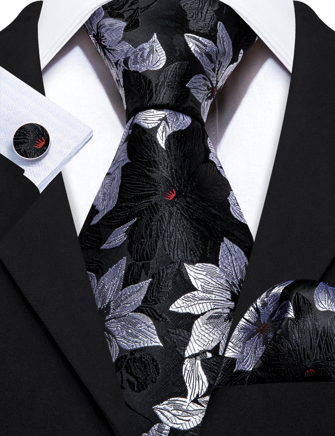 Black Silver Flower Silk Tie Handkerchief Cufflinks Set