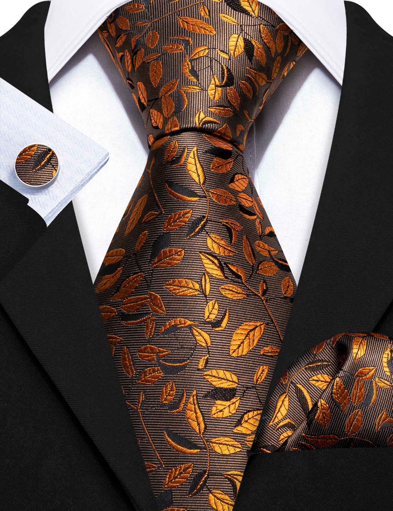 Brown Gold Leaves Floral Silk Tie Handkerchief Cufflinks Set