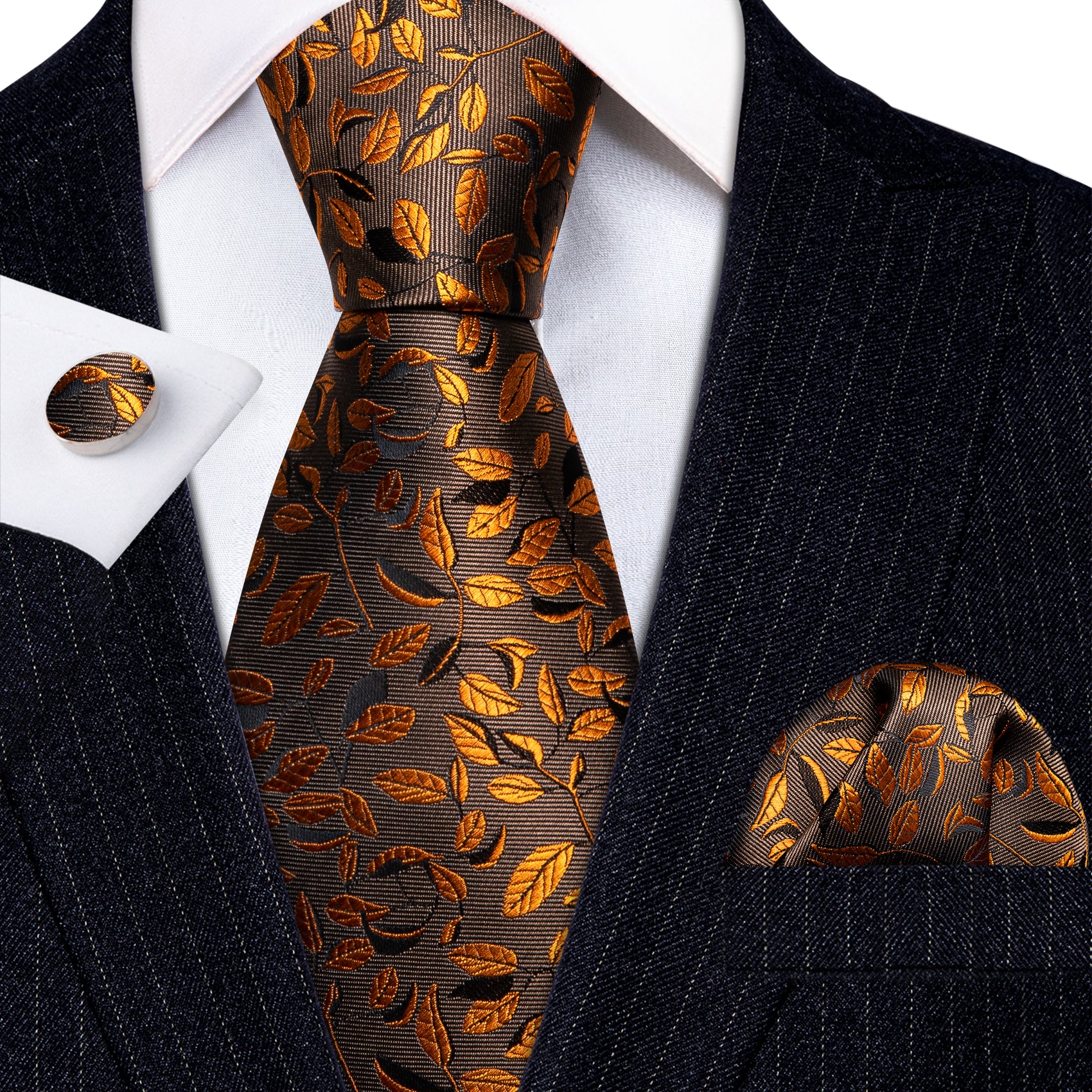Brown Gold Leaves Floral Silk Tie Handkerchief Cufflinks Set