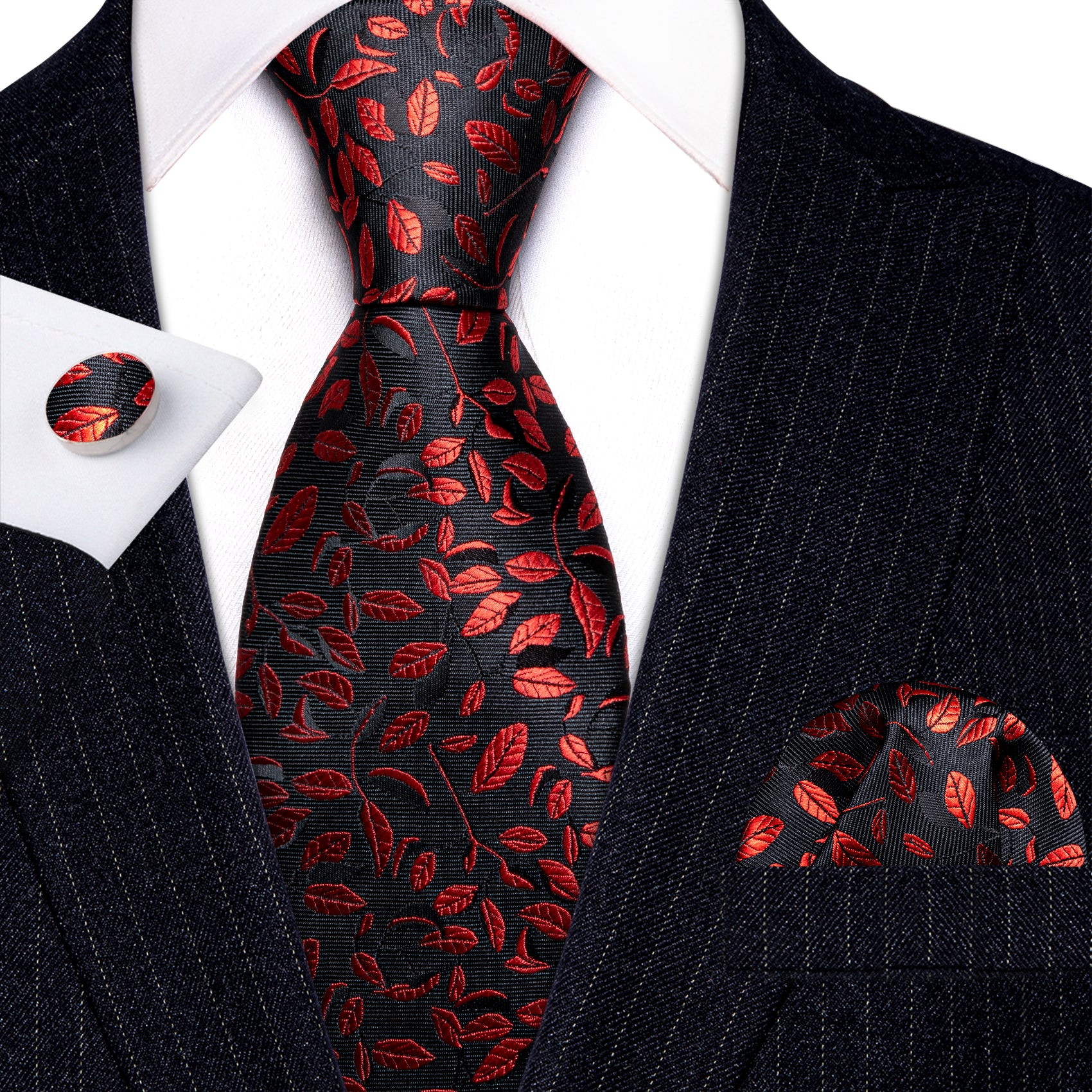 Black Red Leaves Floral Silk Tie Handkerchief Cufflinks Set