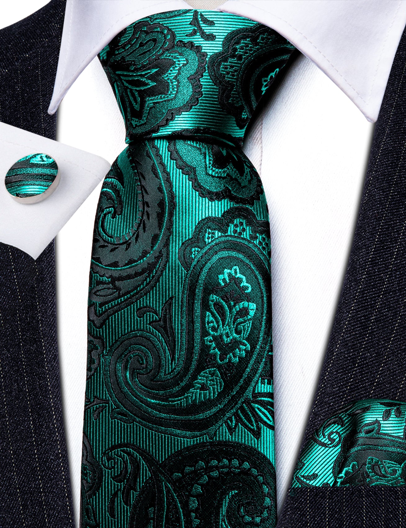 Luxury Blue Black Paisley Silk Tie Handkerchief Cufflinks Set