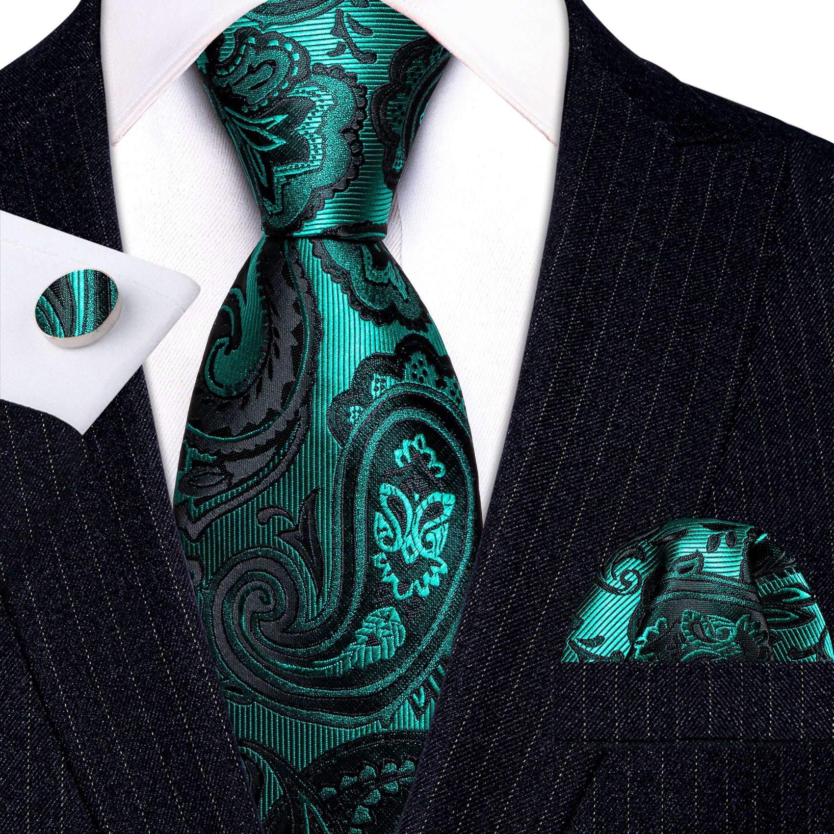 Luxury Blue Black Paisley Silk Tie Handkerchief Cufflinks Set