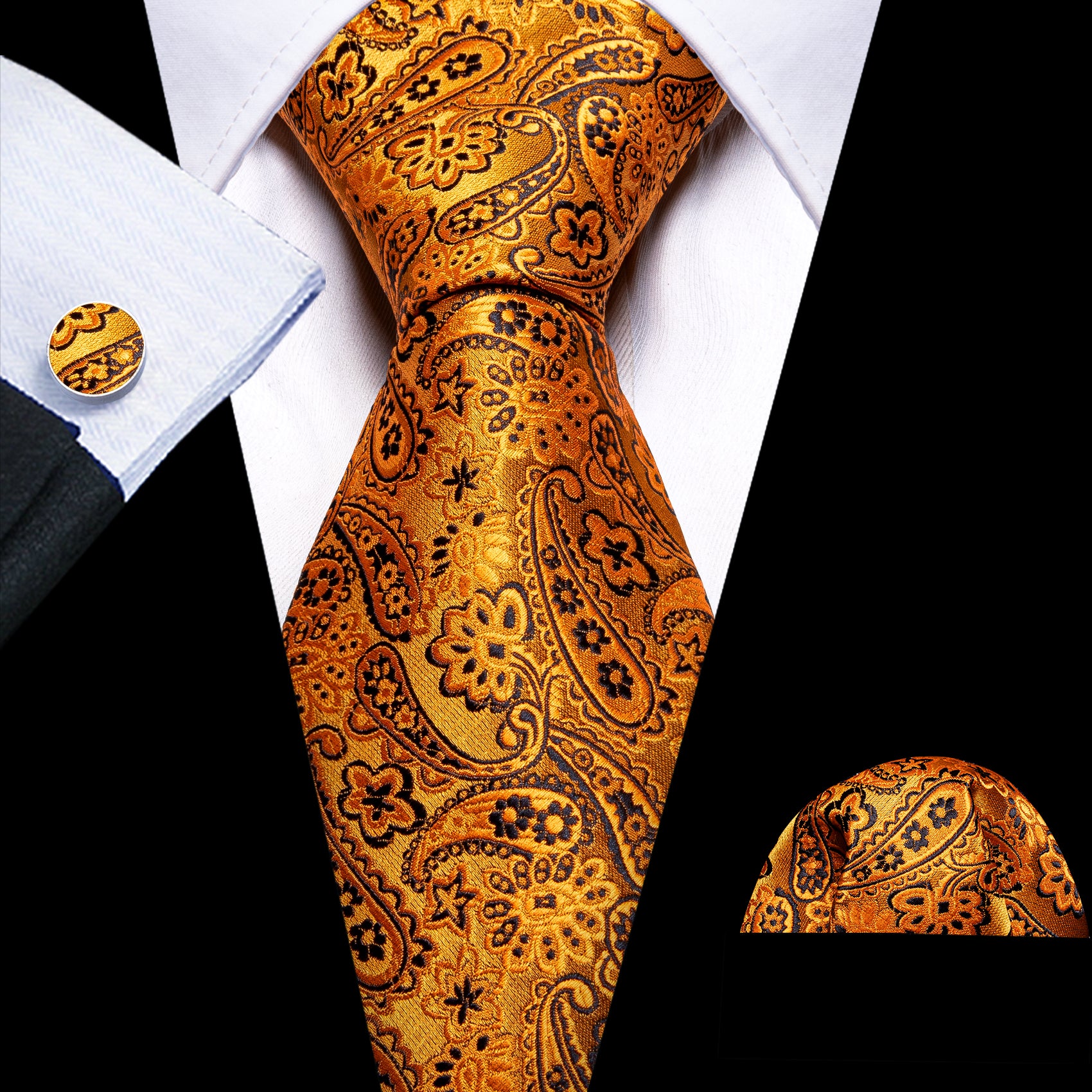 Luxury Gold Paisley Silk Tie Handkerchief Cufflinks Set
