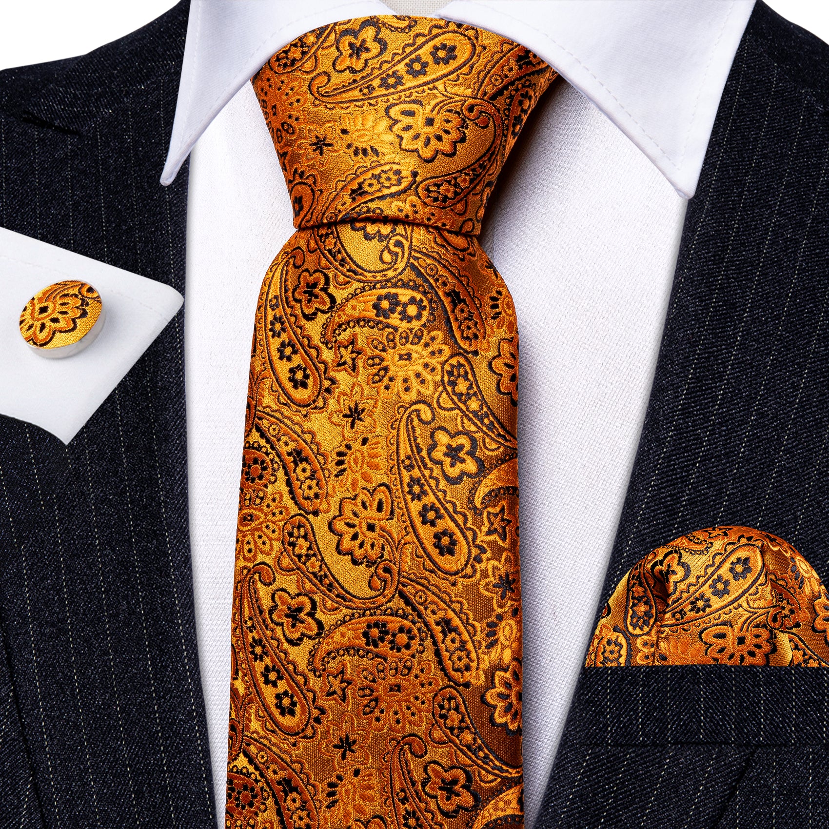 Luxury Gold Paisley Silk Tie Handkerchief Cufflinks Set
