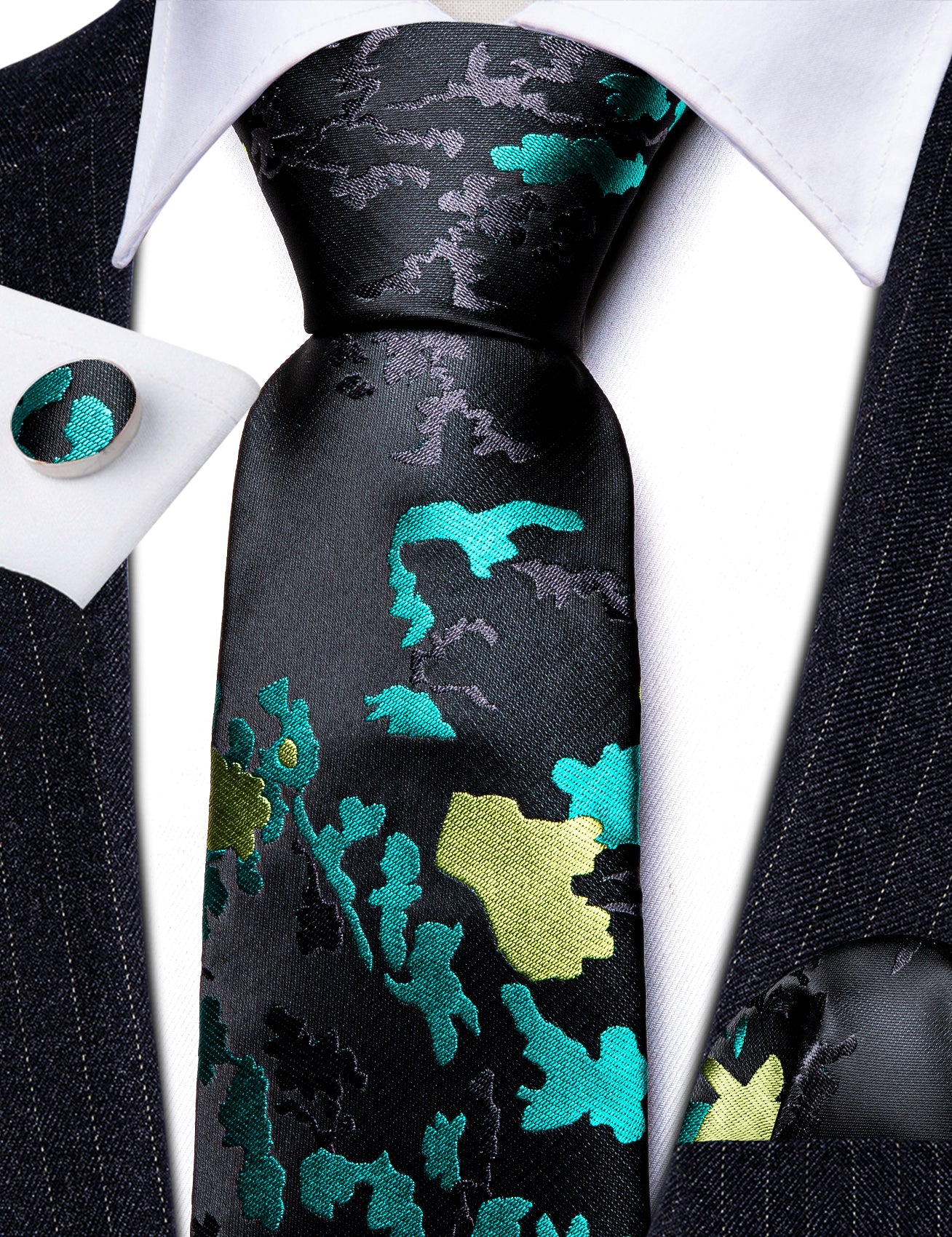 Novetly Black Blue Floral Silk Tie Handkerchief Cufflinks Set