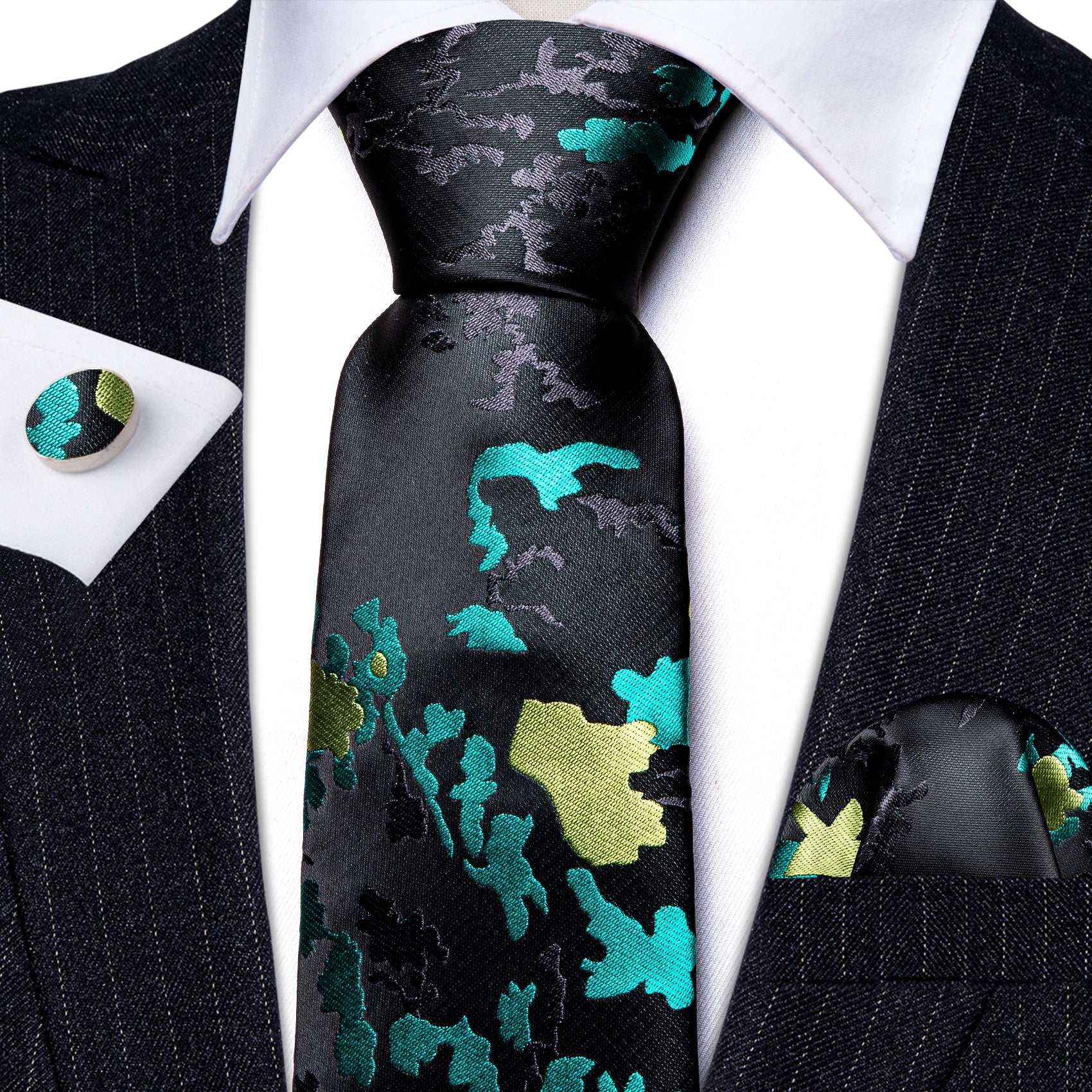 Novetly Black Blue Floral Silk Tie Handkerchief Cufflinks Set