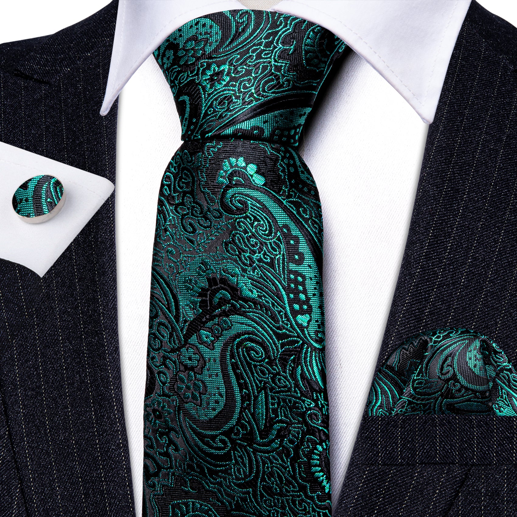 Novetly Blue Paisley Silk Tie Handkerchief Cufflinks Set