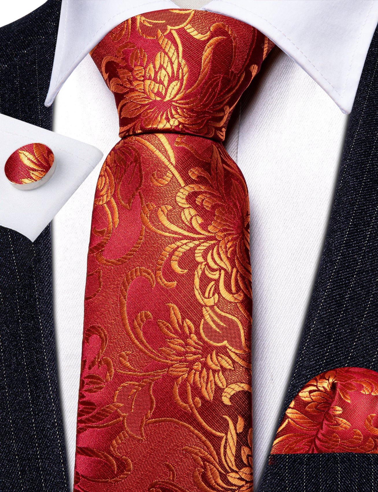 Barry.wang Floral Tie Red Gold Paisley Silk Tie Hanky Cufflinks Set