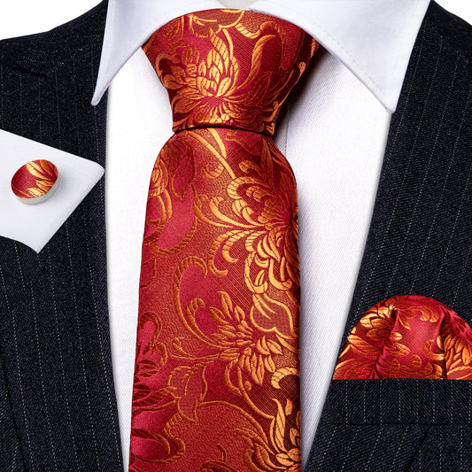 Barry. Wang Floral Tie Red Gold Paisley Silk Necktie Hanky Cufflinks Set for Men Wedding