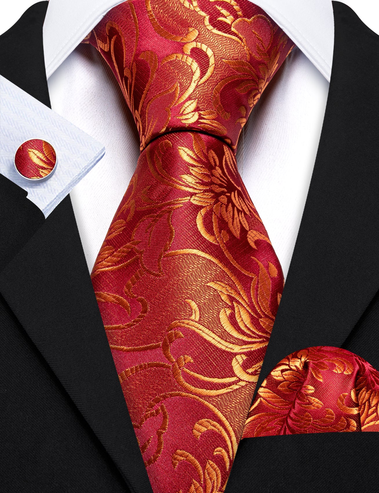 Barry.wang Floral Tie Red Gold Paisley Silk Tie Hanky Cufflinks Set