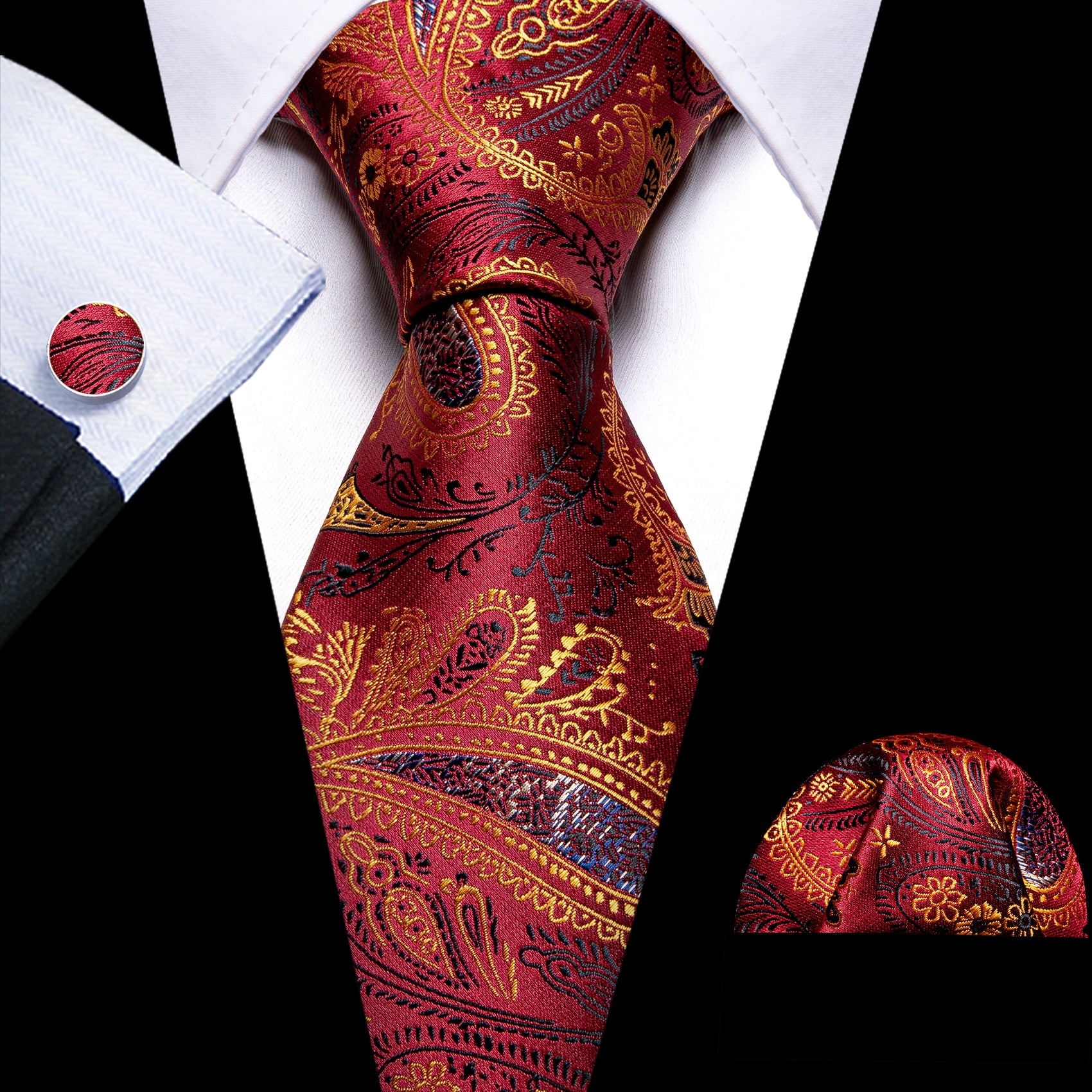 Beautiful Bronze Red Paisley Silk Tie Handkerchief Cufflinks Set