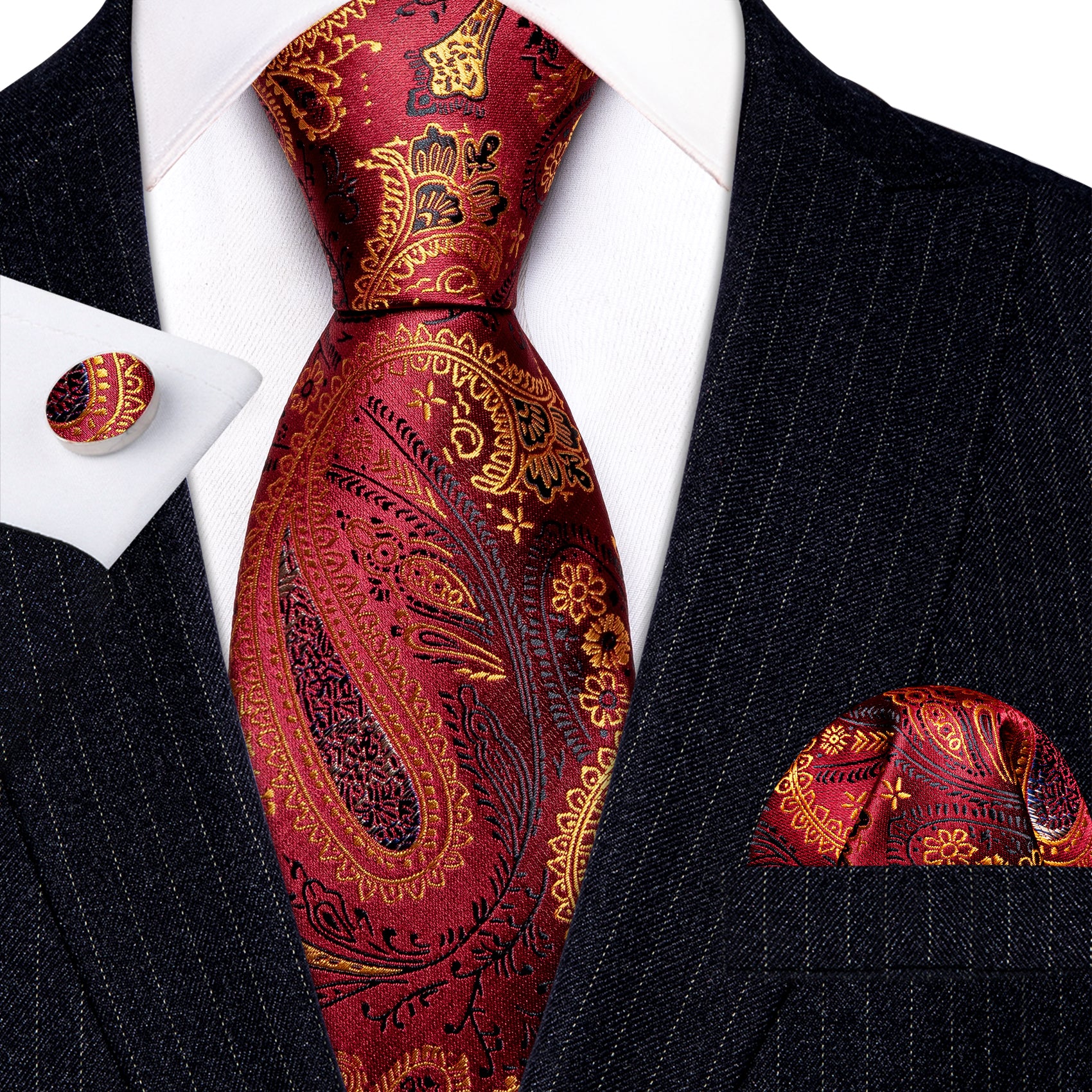 Beautiful Bronze Red Paisley Silk Tie Handkerchief Cufflinks Set