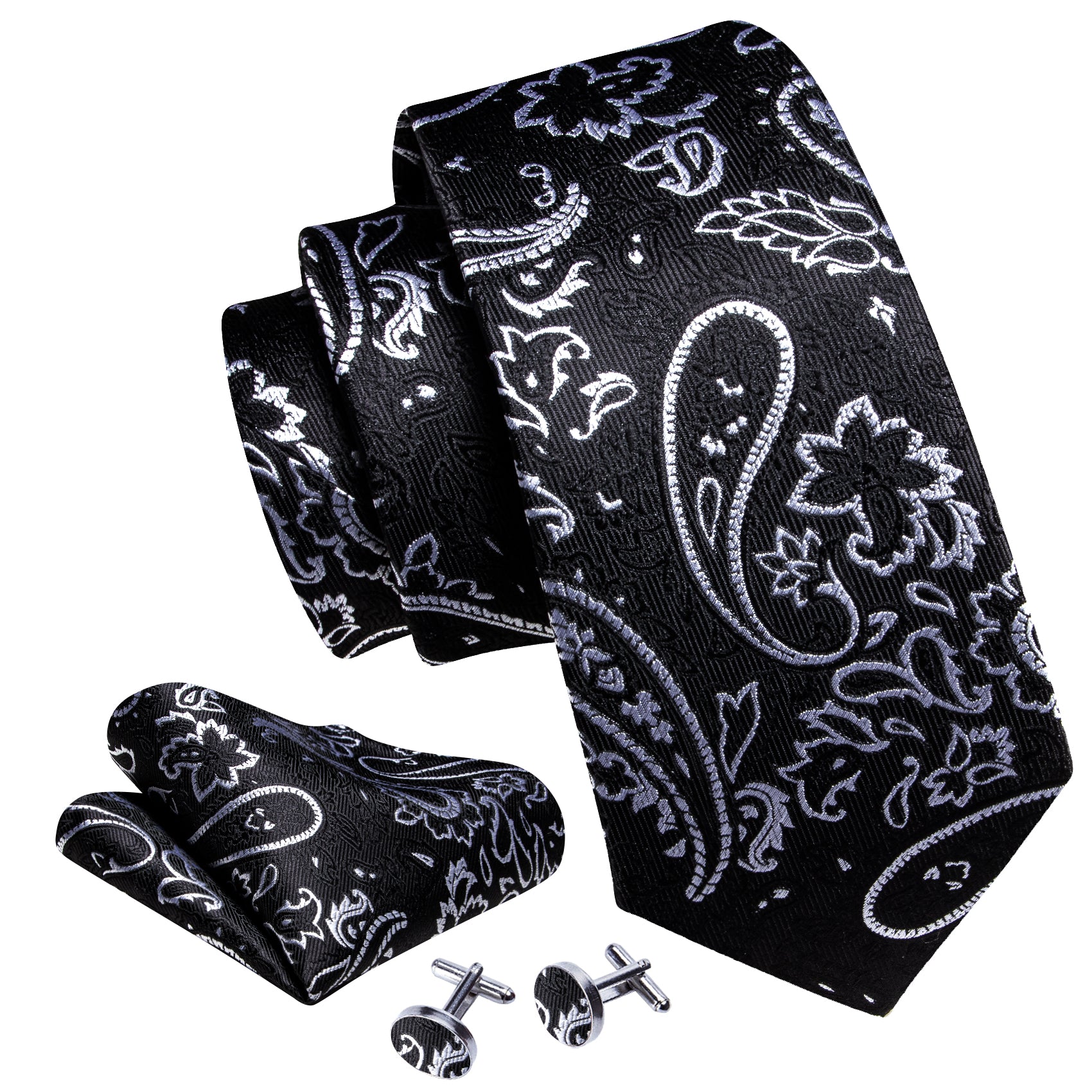 Luxury Black White Paisley Silk Tie Handkerchief Cufflinks Set