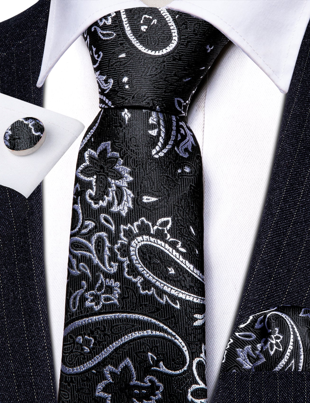 Luxury Black White Paisley Silk Tie Handkerchief Cufflinks Set
