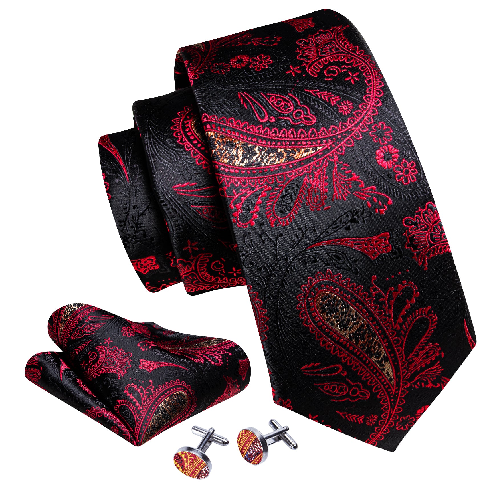 Black Burgundy Paisley Silk Tie Handkerchief Cufflinks Set