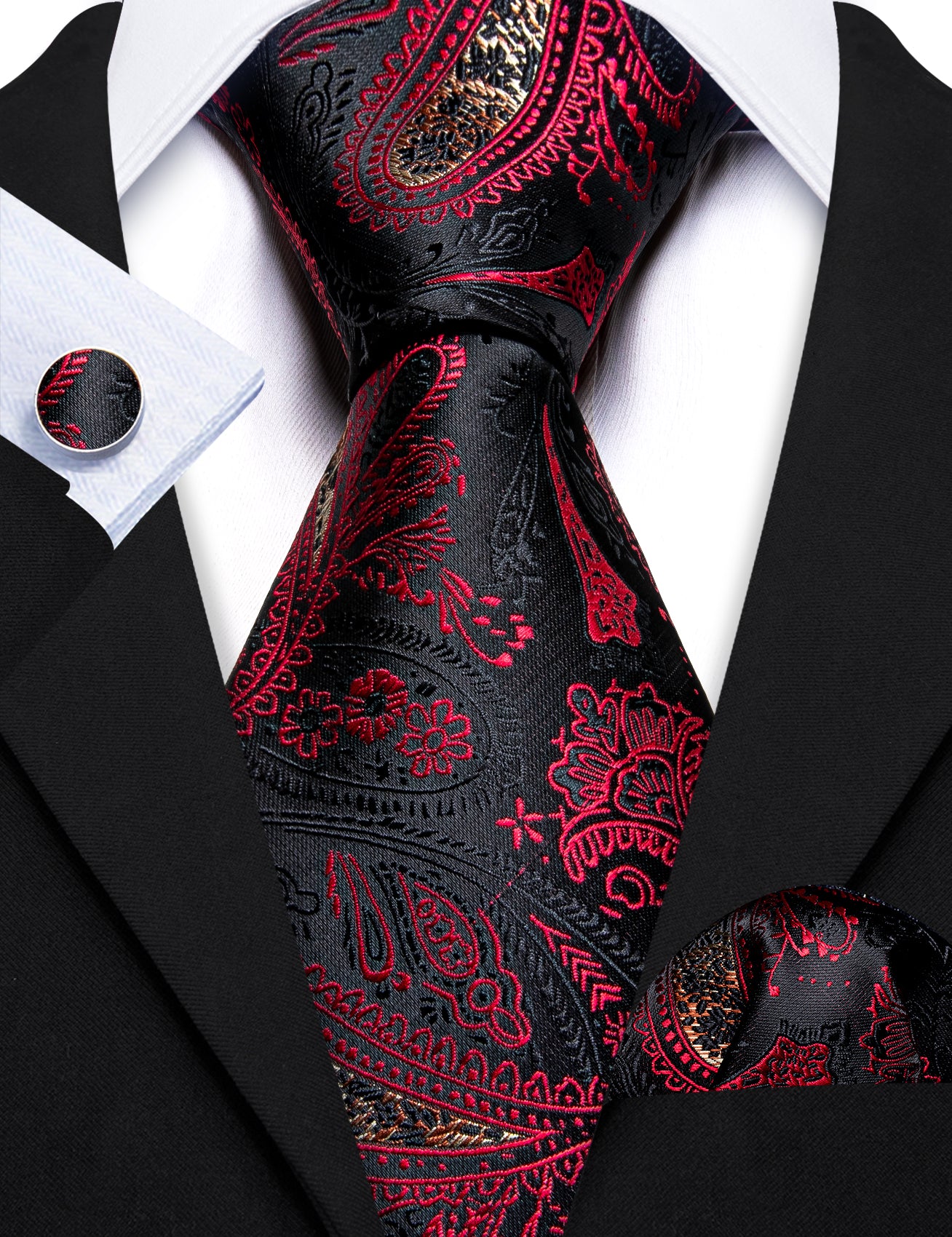 Black Burgundy Paisley Silk Tie Handkerchief Cufflinks Set