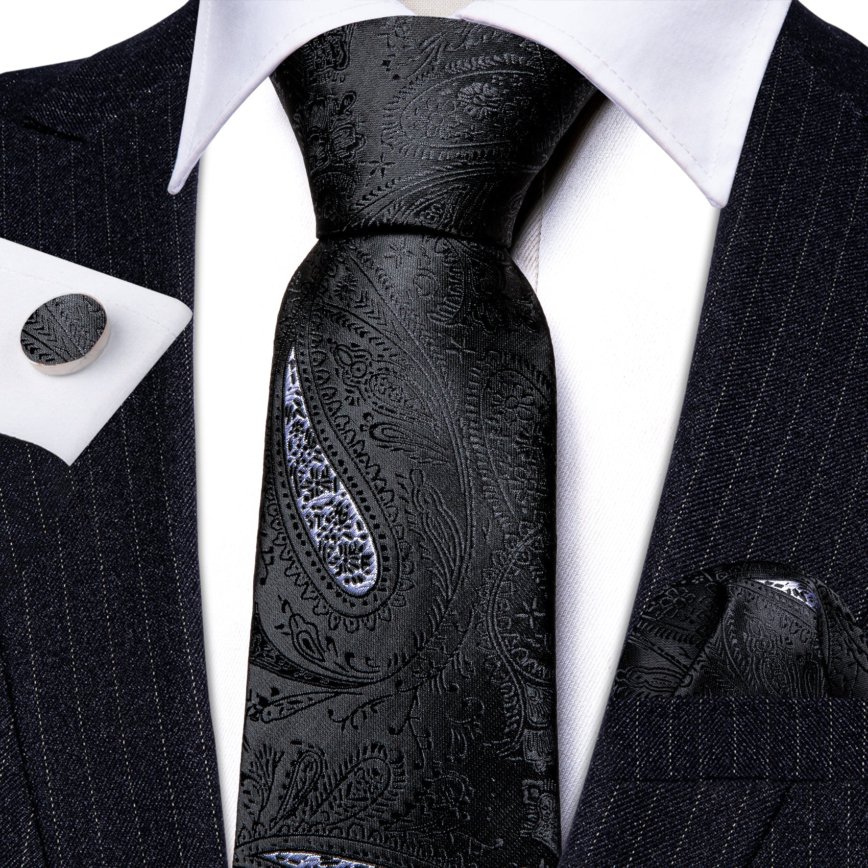 Black Paisley Silk Tie Handkerchief Cufflinks Set