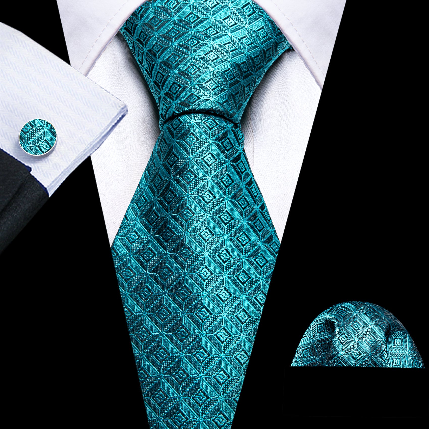 Blue Novetly Plaid Silk Tie Handkerchief Cufflinks Set