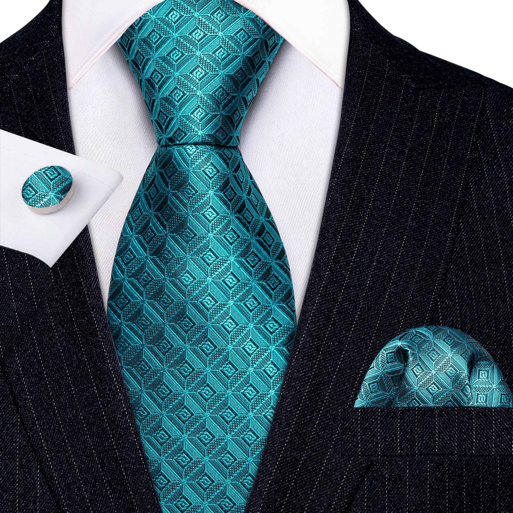 Blue Novetly Plaid Silk Tie Handkerchief Cufflinks Set