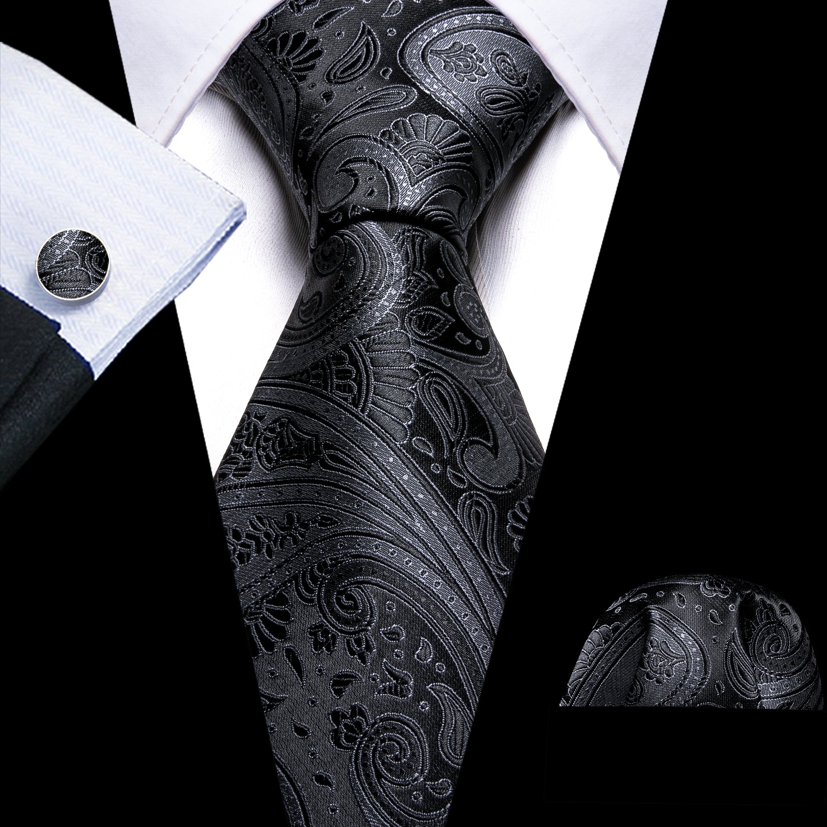 Grey Black Paisley Silk Tie Handkerchief Cufflinks Set