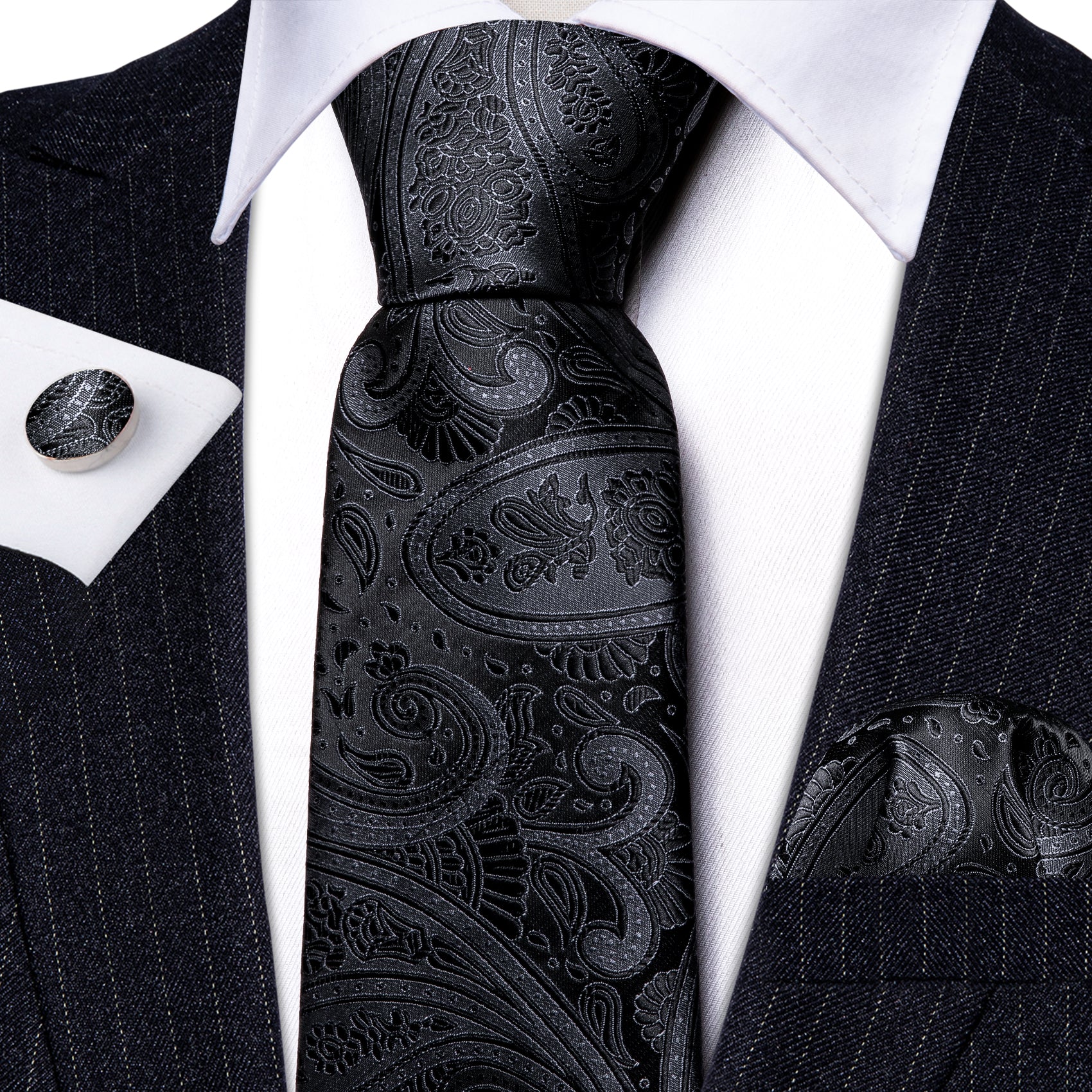 Grey Black Paisley Silk Tie Handkerchief Cufflinks Set