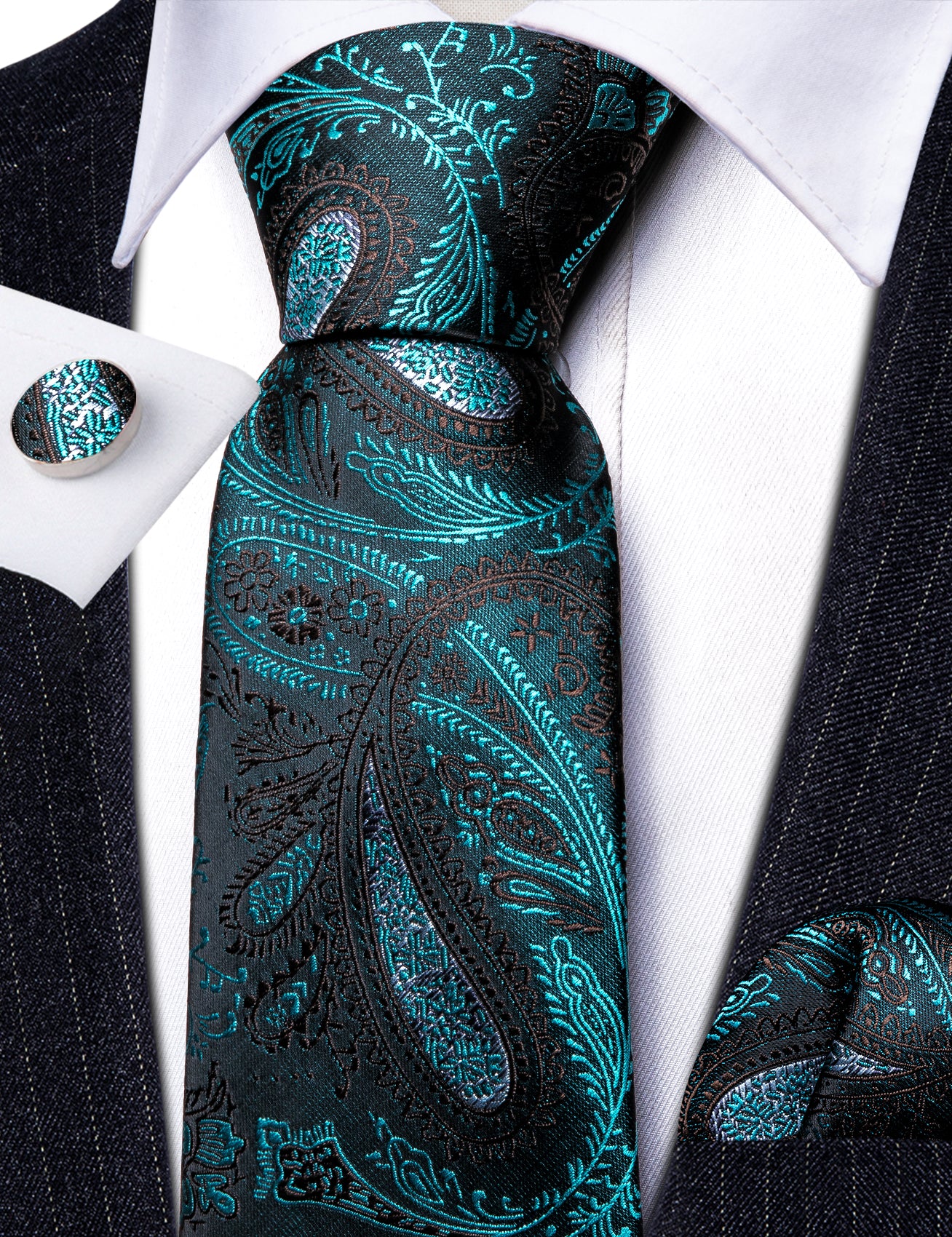 Fashion Blue Black Paisley Silk Tie Handkerchief Cufflinks Set