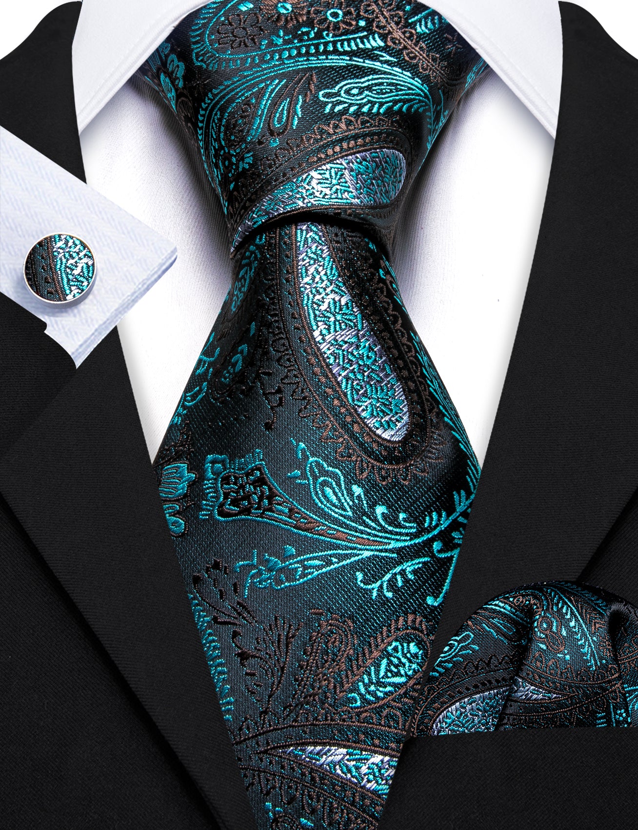 Fashion Blue Black Paisley Silk Tie Handkerchief Cufflinks Set