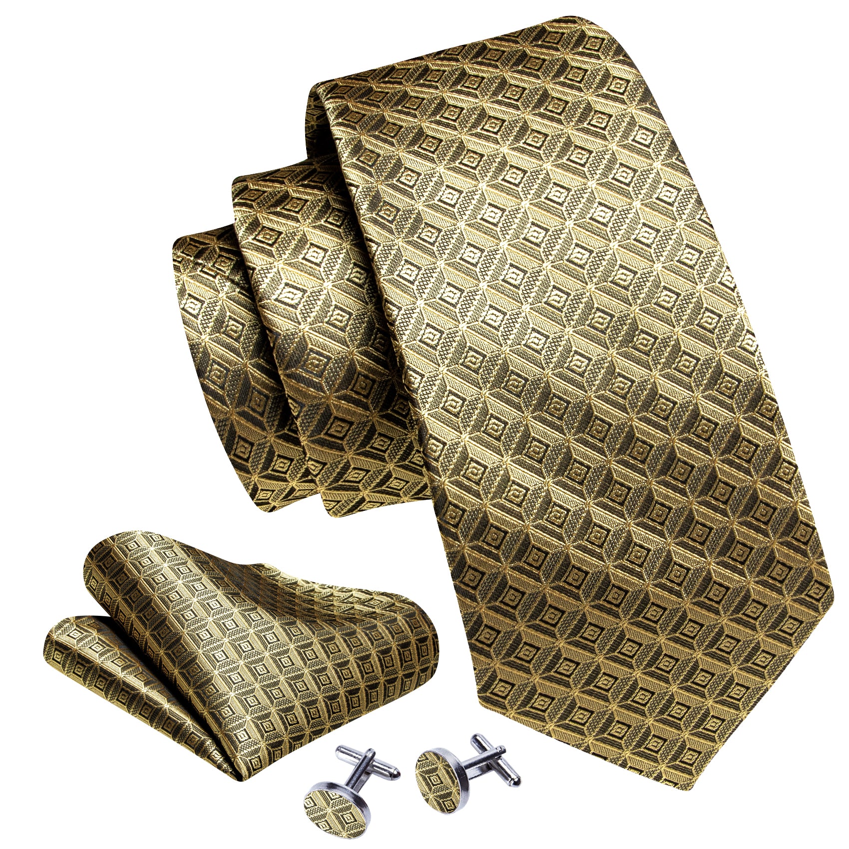 Novetly Khaki Plaid Silk Tie Handkerchief Cufflinks Set