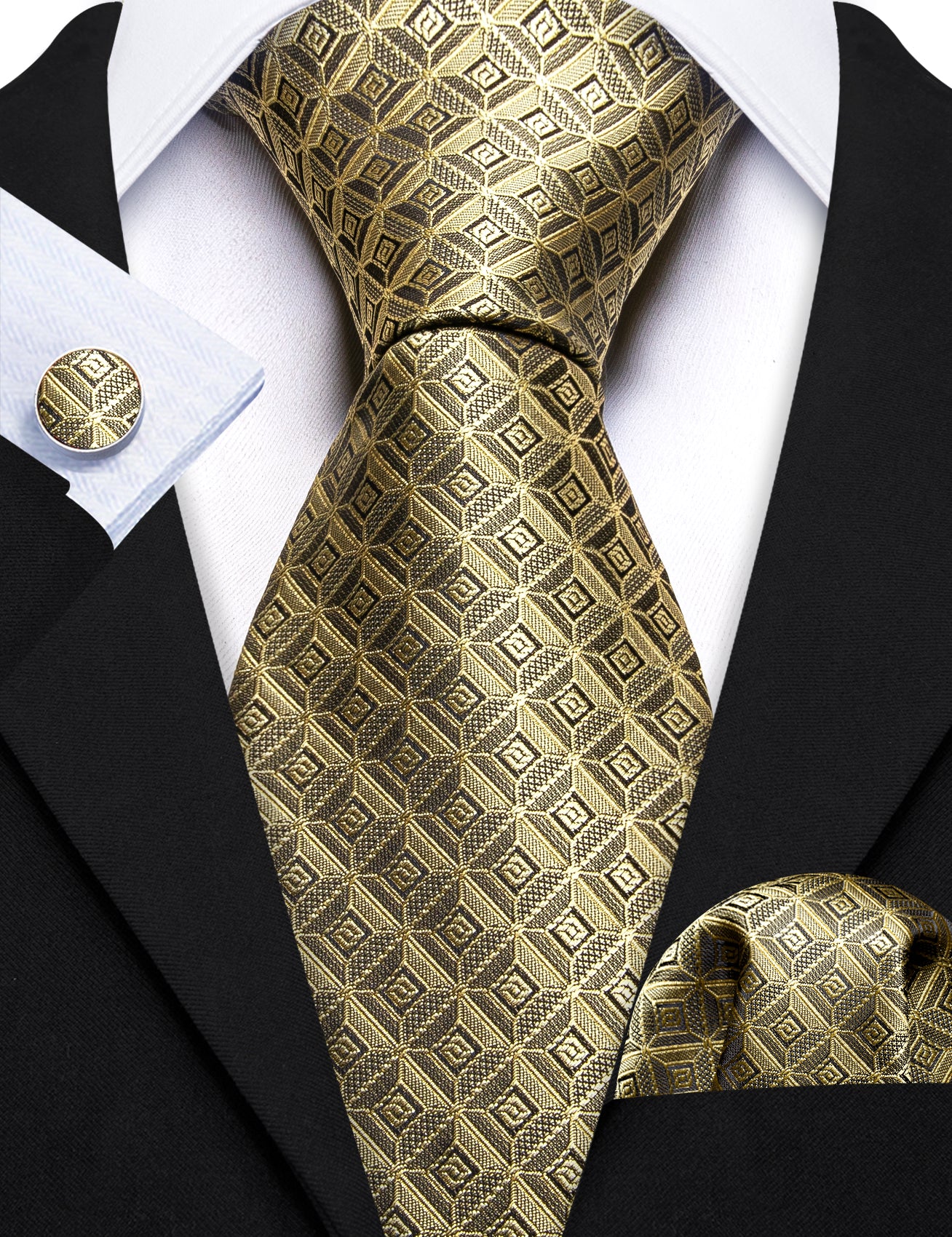 Novetly Khaki Plaid Silk Tie Handkerchief Cufflinks Set