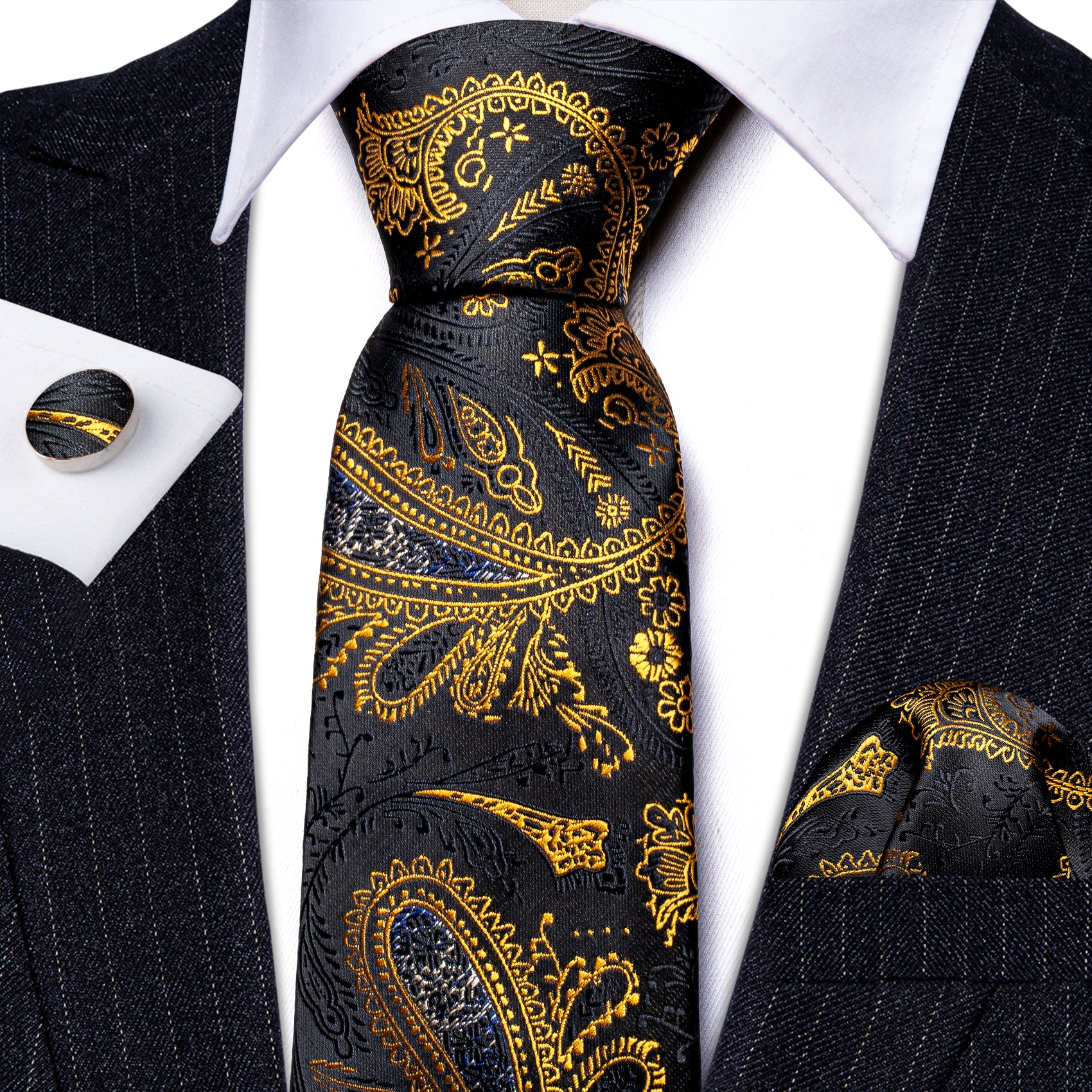 Novetly Black Gold Paisley Silk Tie Handkerchief Cufflinks Set