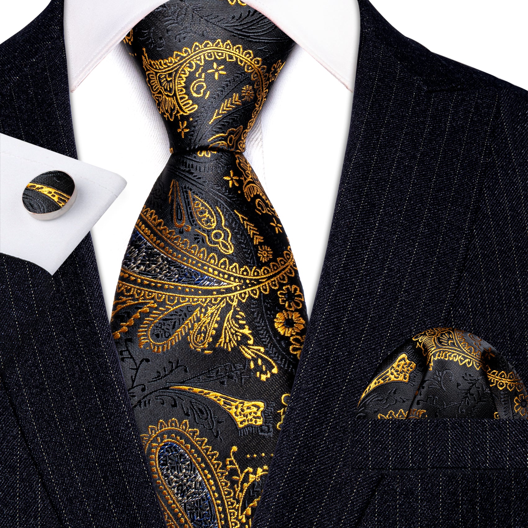 Novetly Black Gold Paisley Silk Tie Handkerchief Cufflinks Set