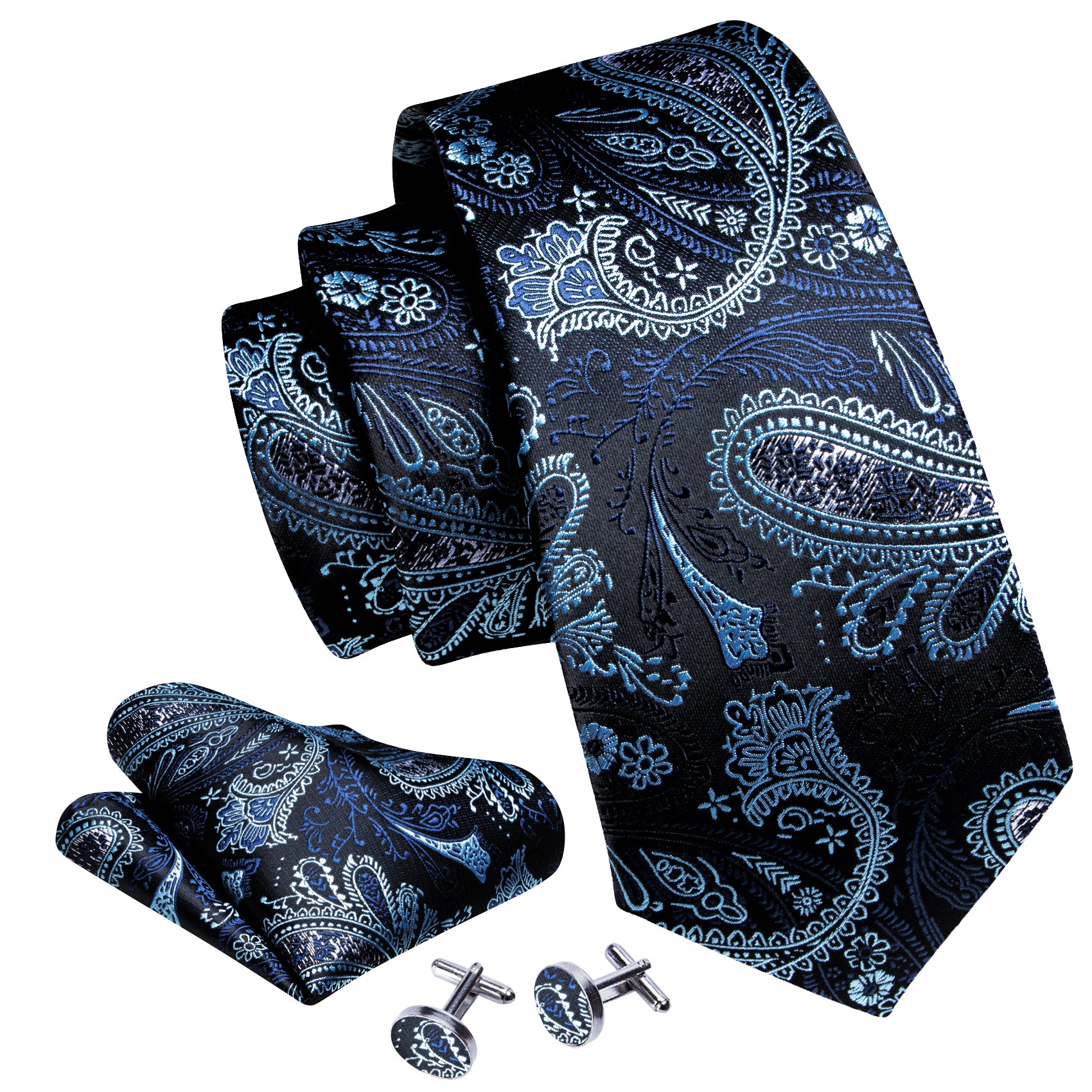 Shining Black Blue Paisley Silk Tie Handkerchief Cufflinks Set
