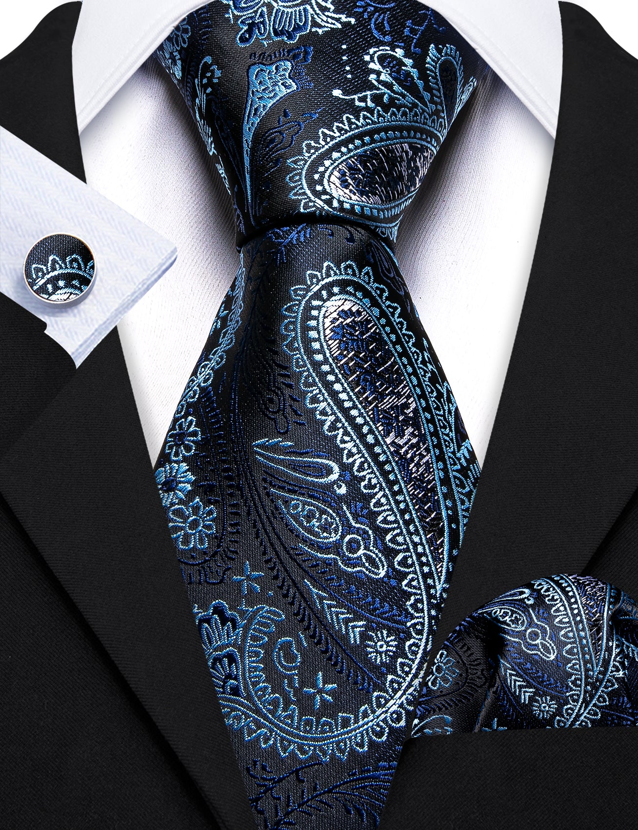 Shining Black Blue Paisley Silk Tie Handkerchief Cufflinks Set