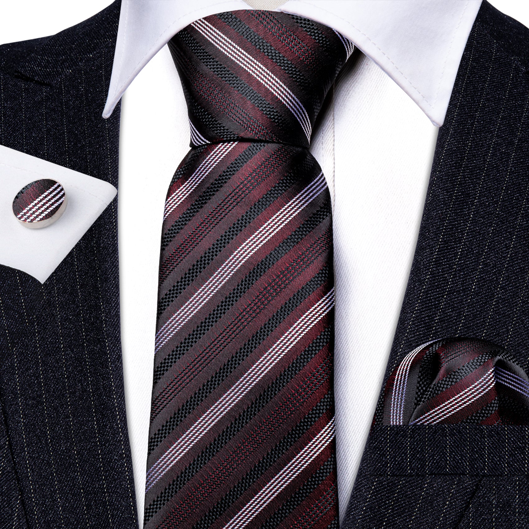 Shining Brown White Striped Silk Tie Handkerchief Cufflinks Set