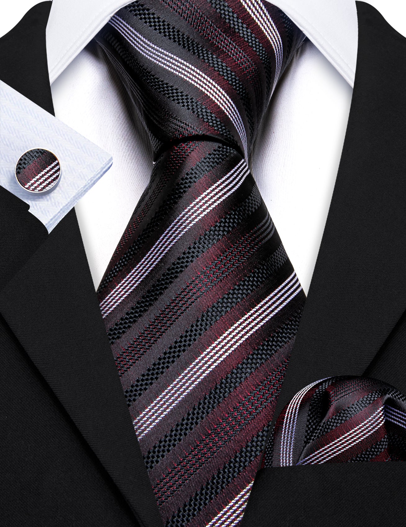 Shining Brown White Striped Silk Tie Handkerchief Cufflinks Set