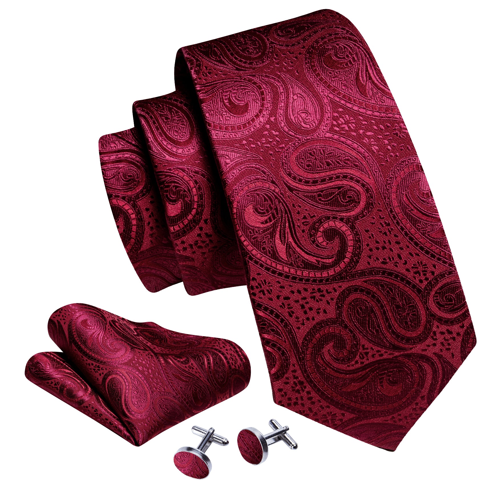 Shining Burgundy Paisley Silk Tie Handkerchief Cufflinks Set