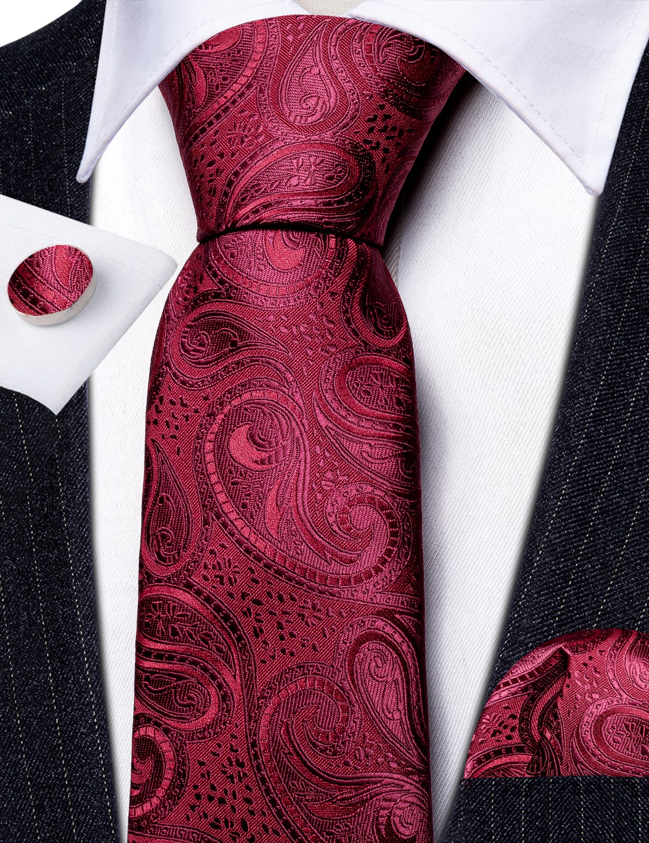 Shining Burgundy Paisley Silk Tie Handkerchief Cufflinks Set