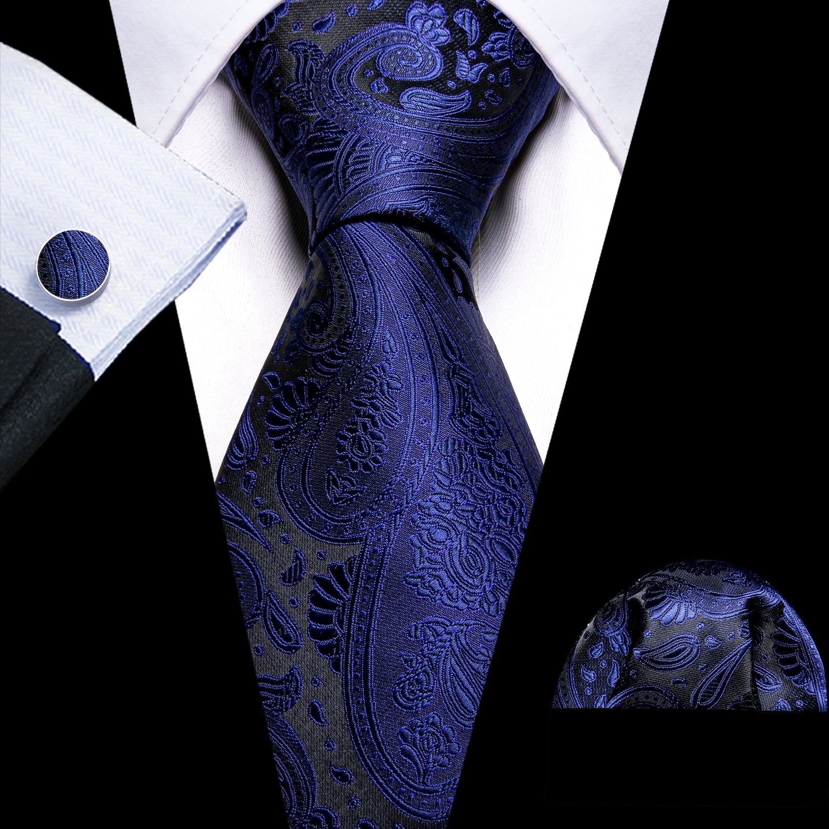 Shining Blue Paisley Silk Tie Handkerchief Cufflinks Set