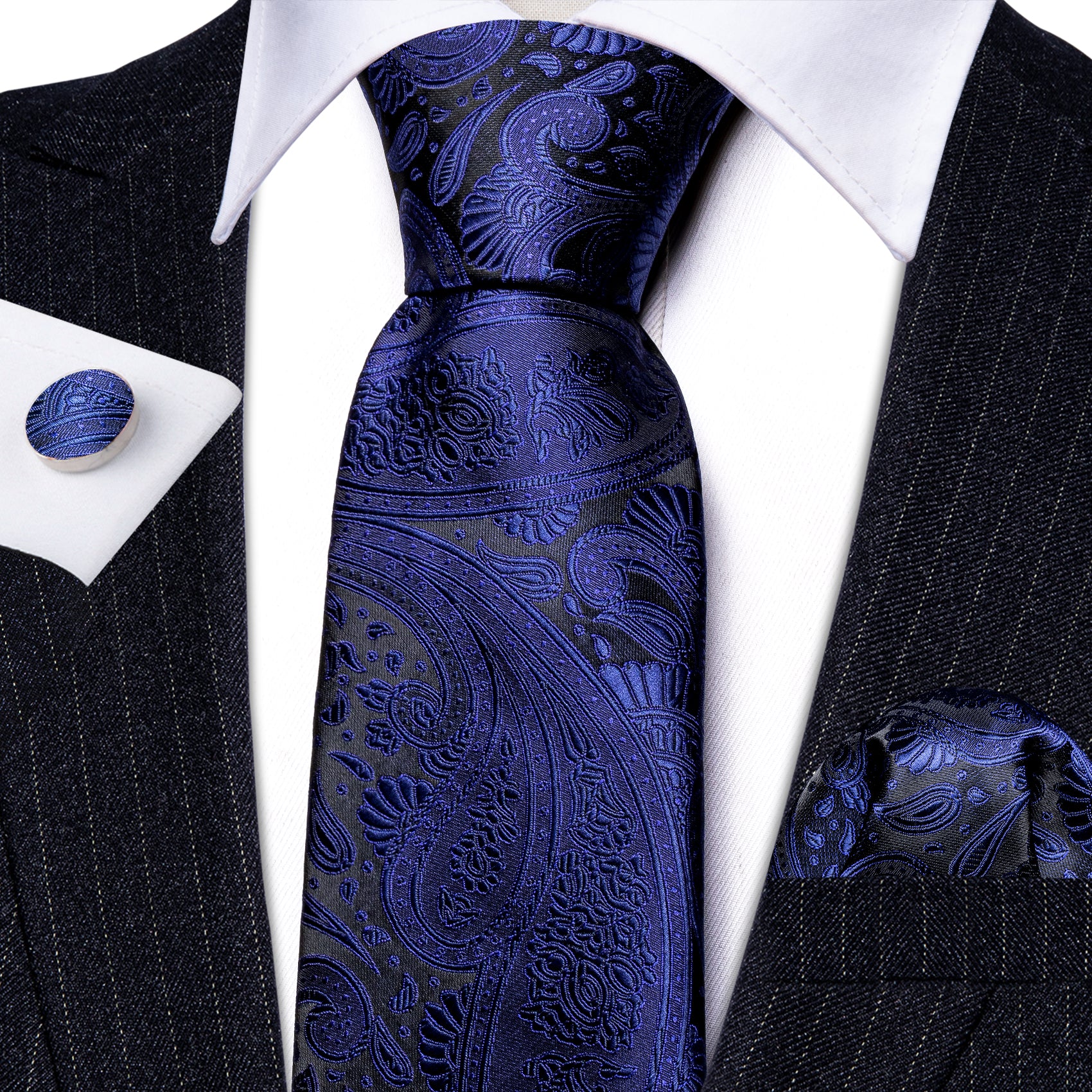 Shining Blue Paisley Silk Tie Handkerchief Cufflinks Set