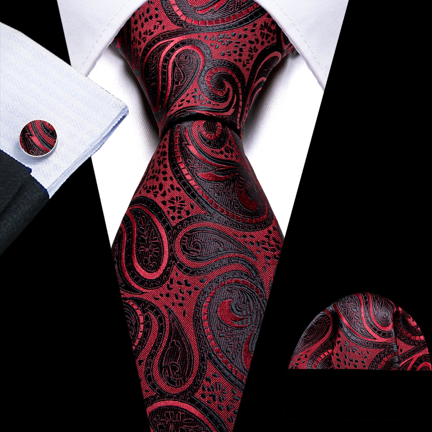 Bright Red Black Paisley Silk Tie Pocket Square Cufflinks Set