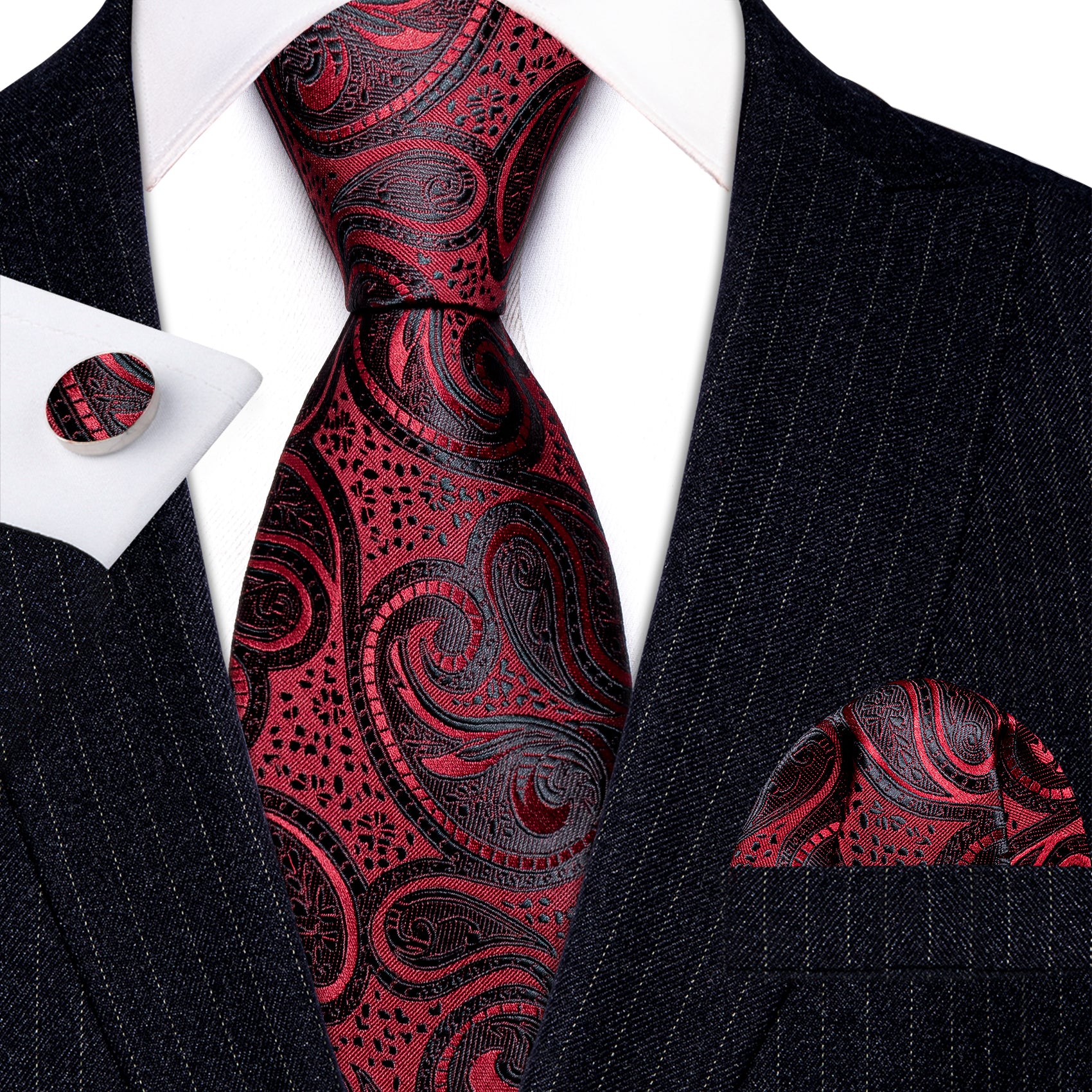 Bright Red Black Paisley Silk Tie Pocket Square Cufflinks Set