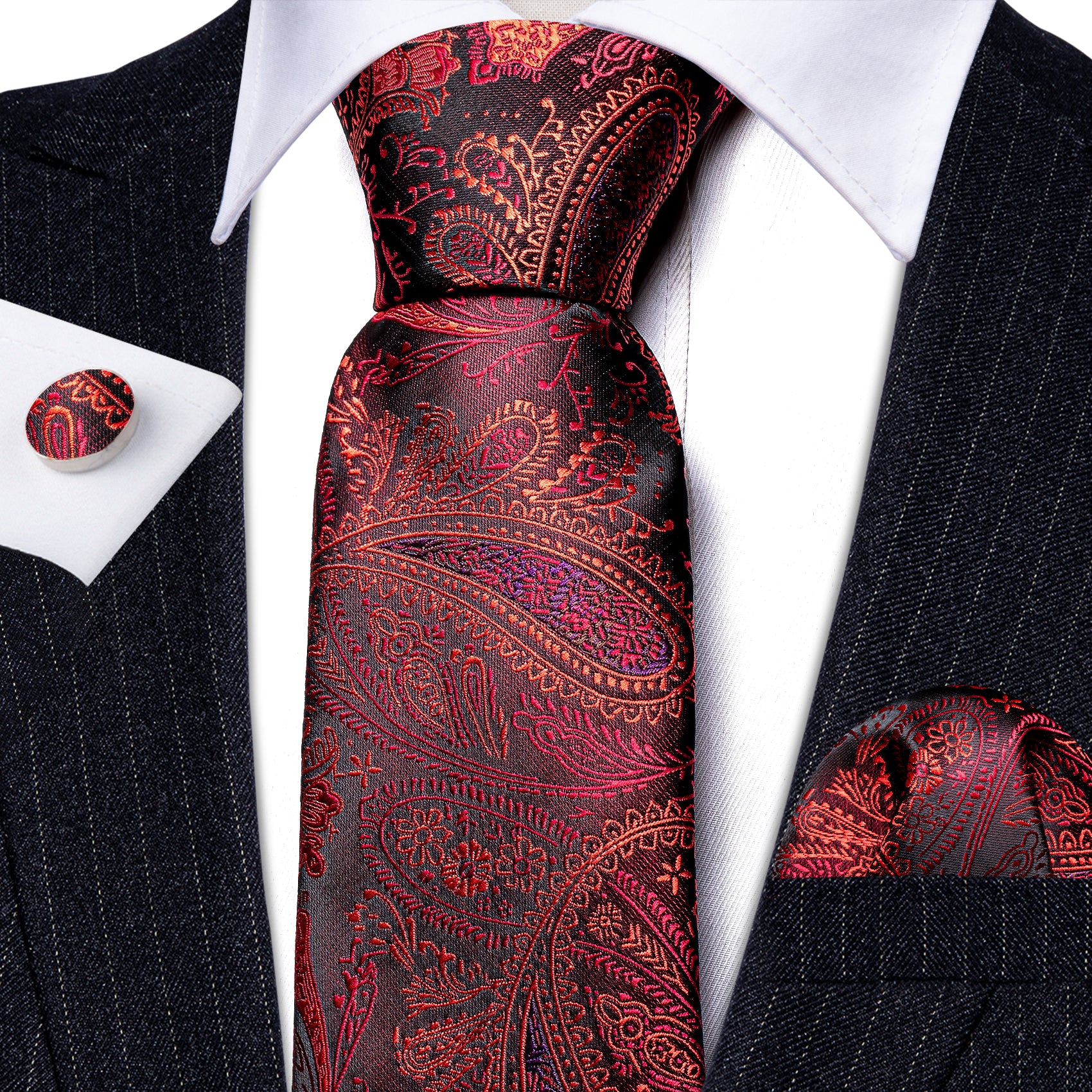 Beautiful Red Black Paisley Silk Tie Pocket Square Cufflinks Set