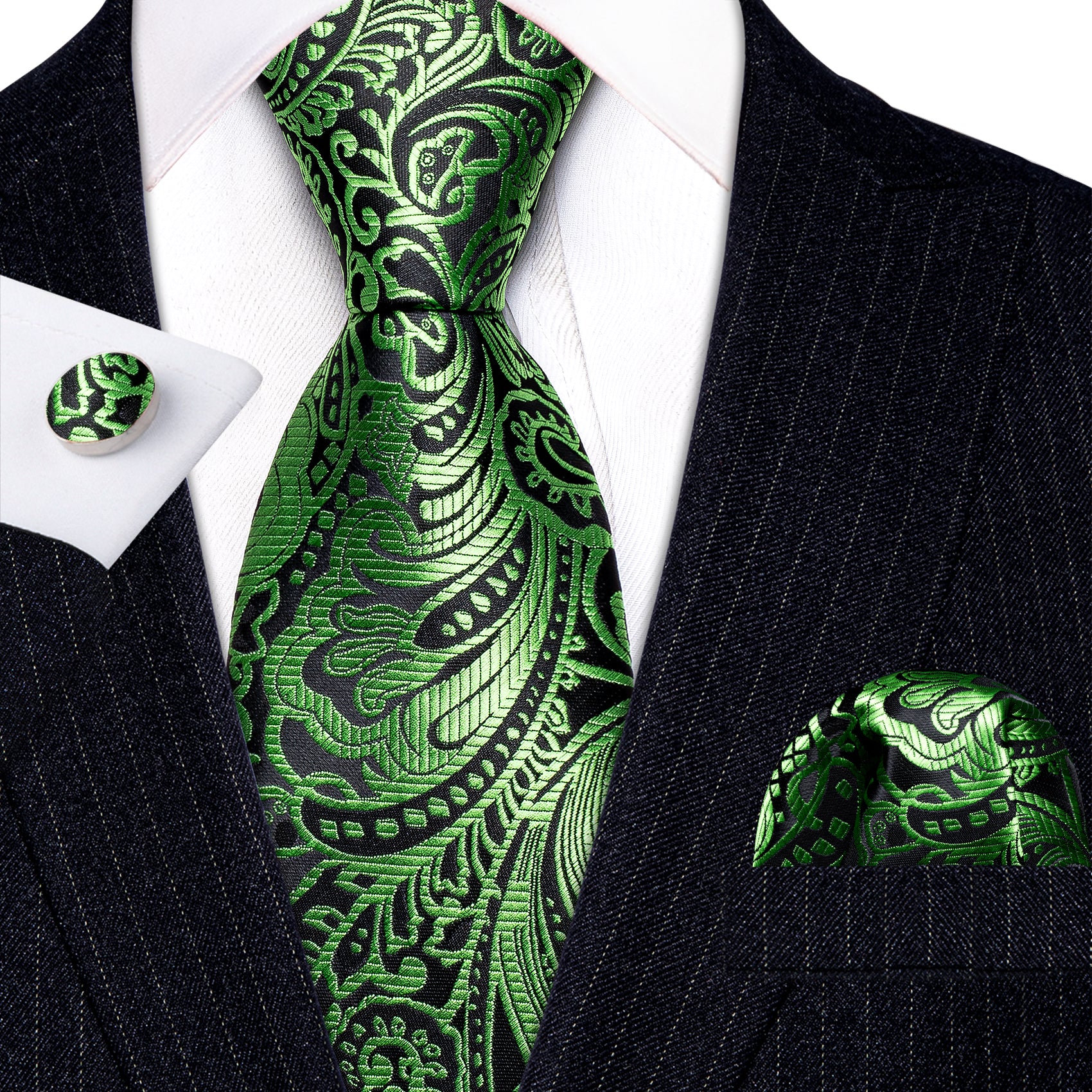 Beautiful Green Black Paisley Tie Pocket Square Cufflinks Set