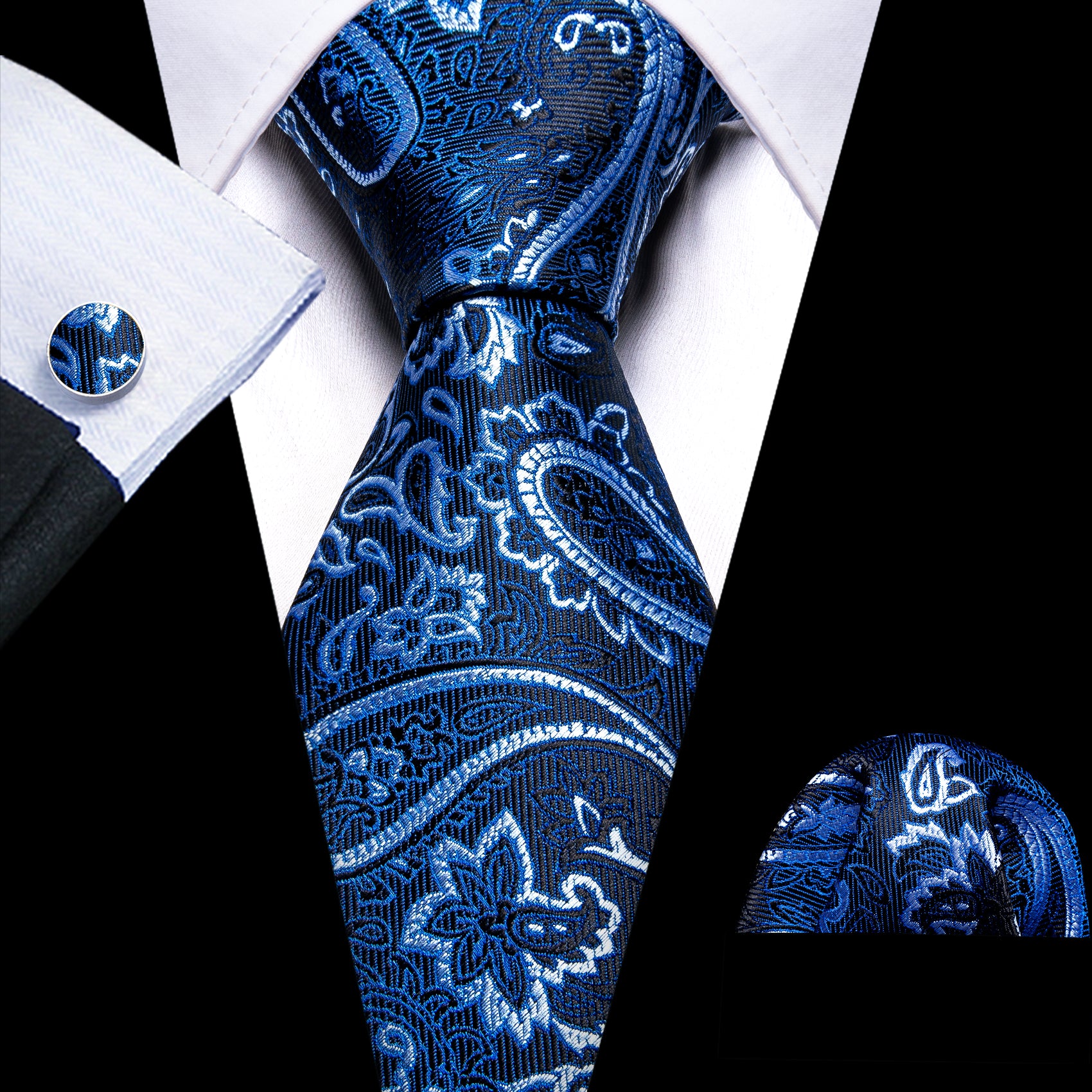 Beautiful Blue White Paisley Tie Pocket Square Cufflinks Set