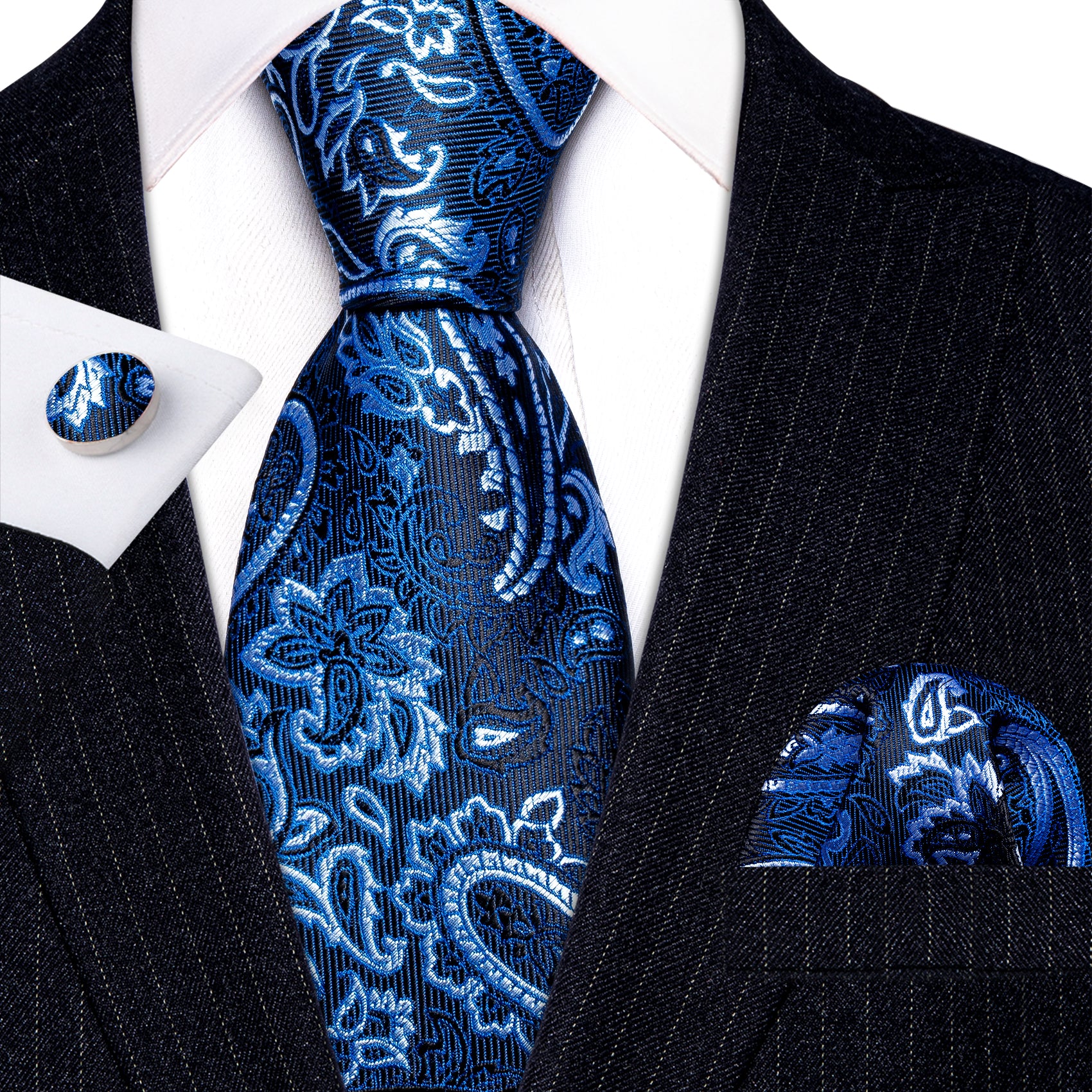 Beautiful Blue White Paisley Tie Pocket Square Cufflinks Set