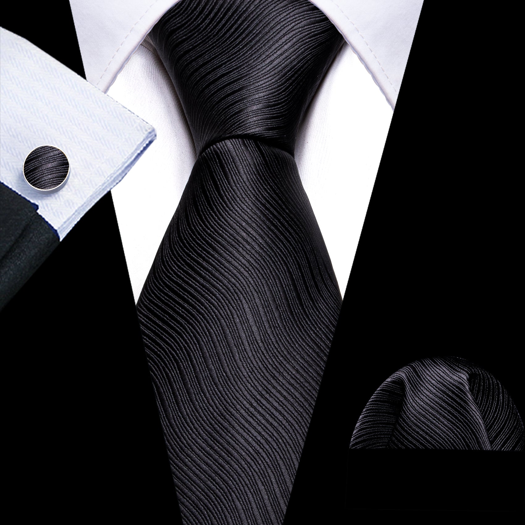 Classic Black Solid Silk Tie Handkerchief Cufflinks Set