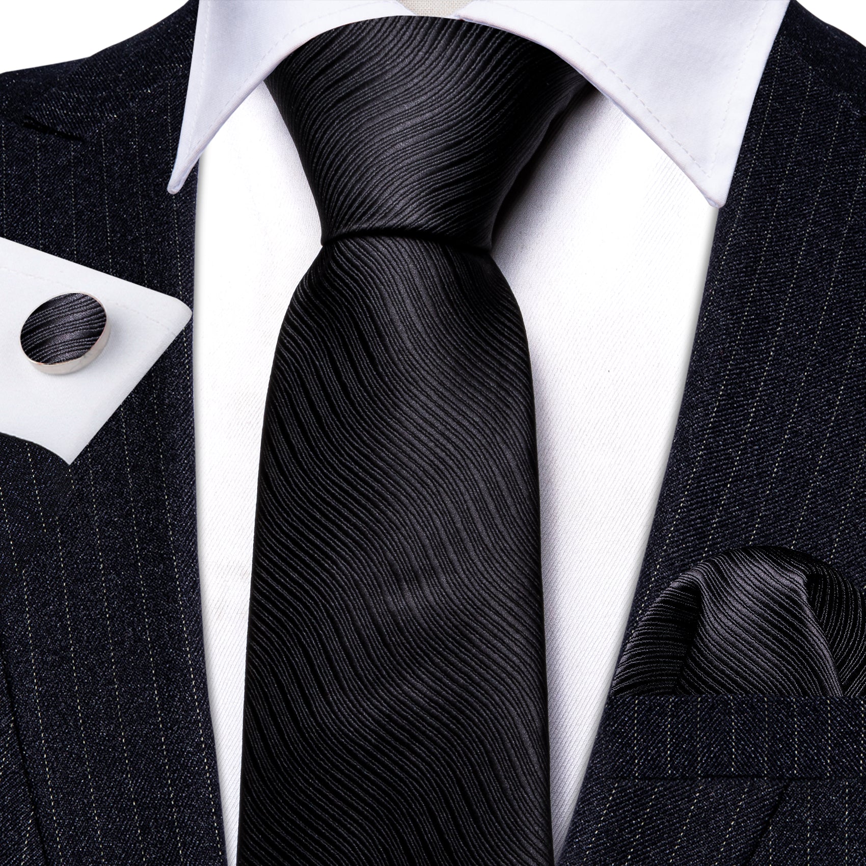 Classic Black Solid Silk Tie Handkerchief Cufflinks Set
