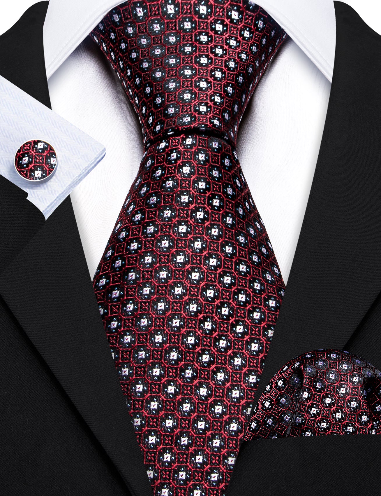Fashion Red White Striped Silk Tie Handkerchief Cufflinks Set