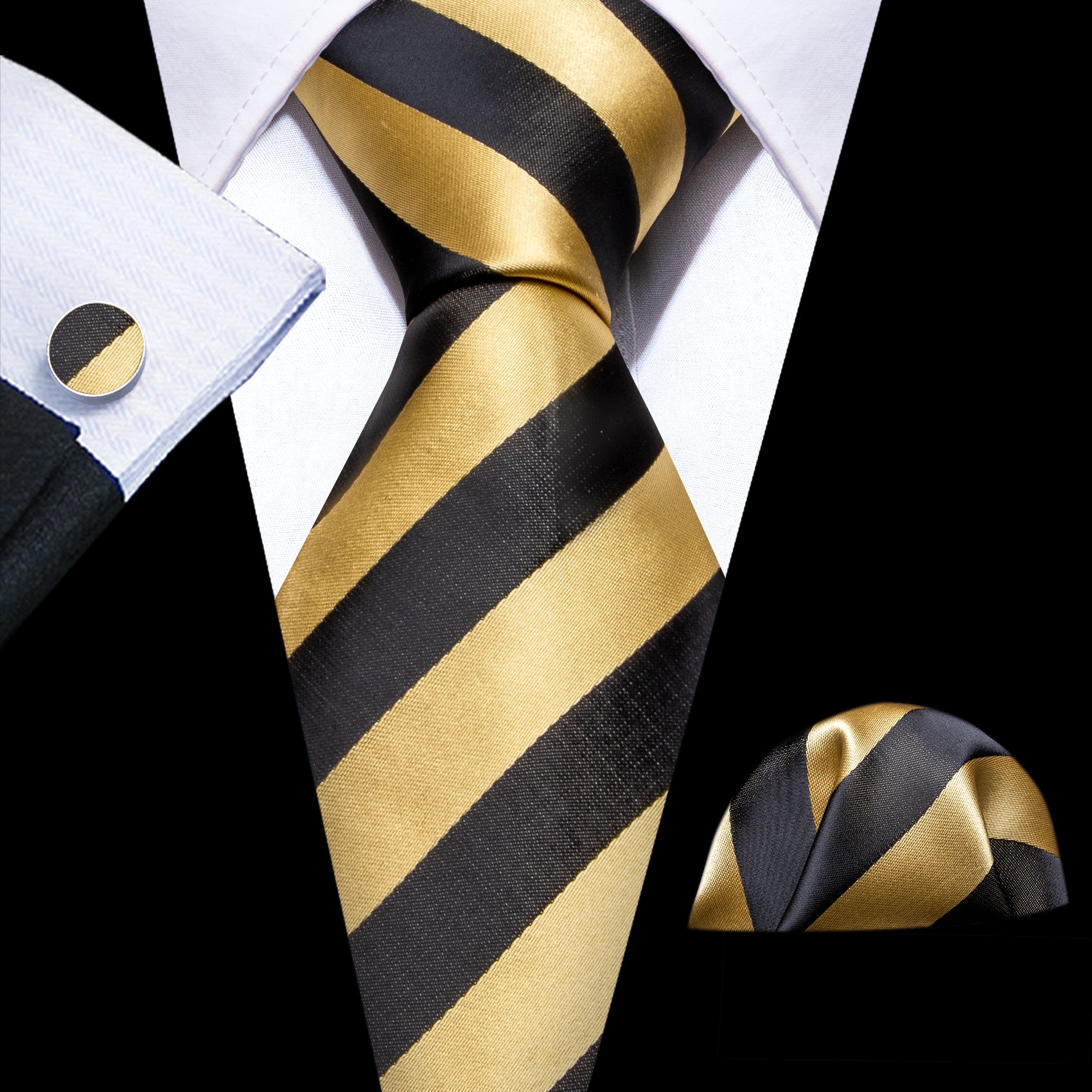 Barry.wang Black Tie Yellow Striped Silk Men's Tie Hanky Cufflinks Set
