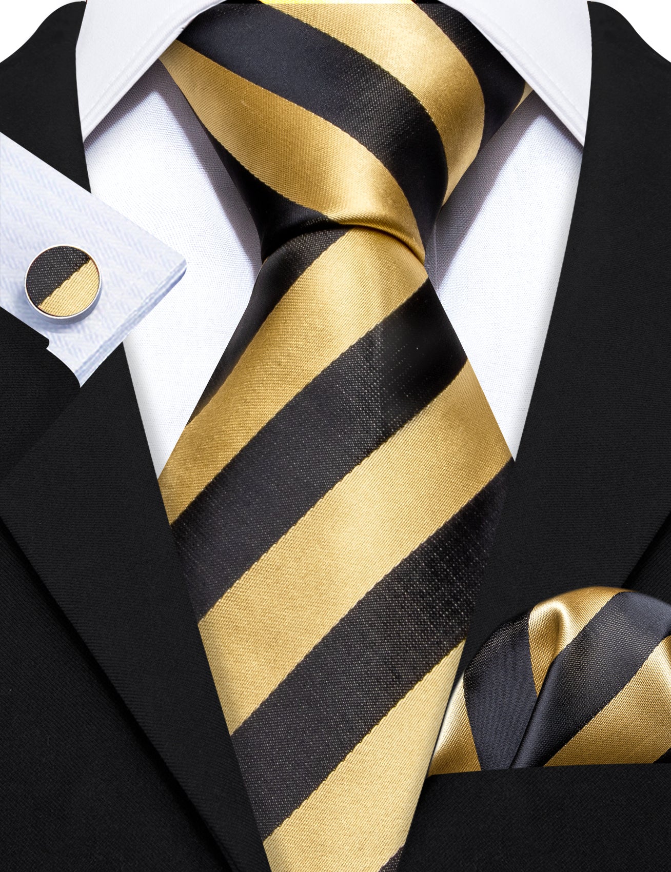 Barry.wang Black Tie Yellow Striped Silk Men's Tie Hanky Cufflinks Set